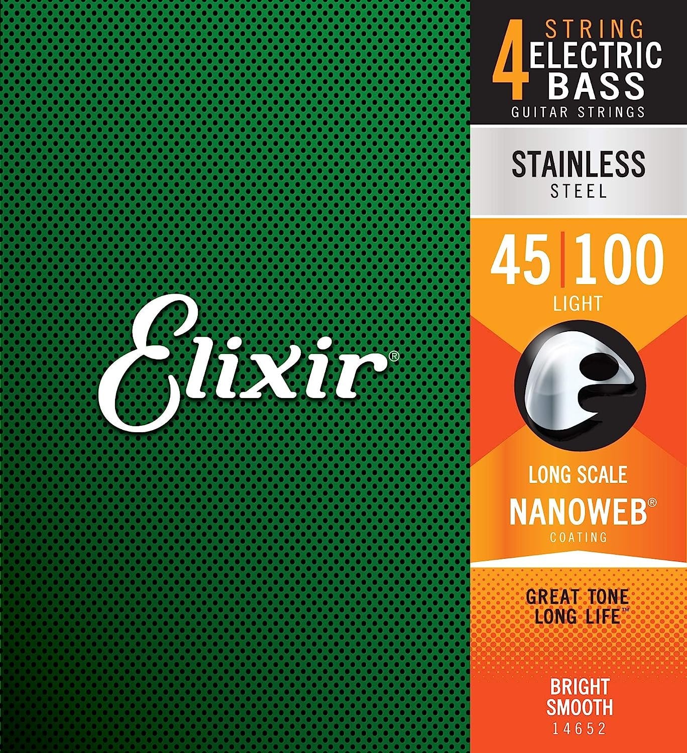 Elixir Strings Stainless Steel 4-String Bass Strings w NANOWEB Coating, Long Scale, Light (.045-.100)