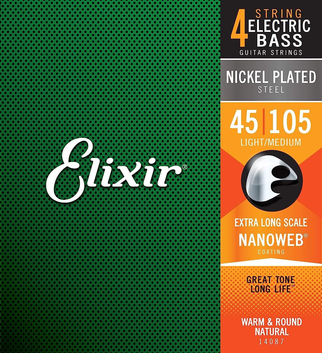 Elixir Strings Nickel Plated Steel 4-String Bass Strings w NANOWEB Coating, Extra Long Scale, Light/Medium (.045-.105)