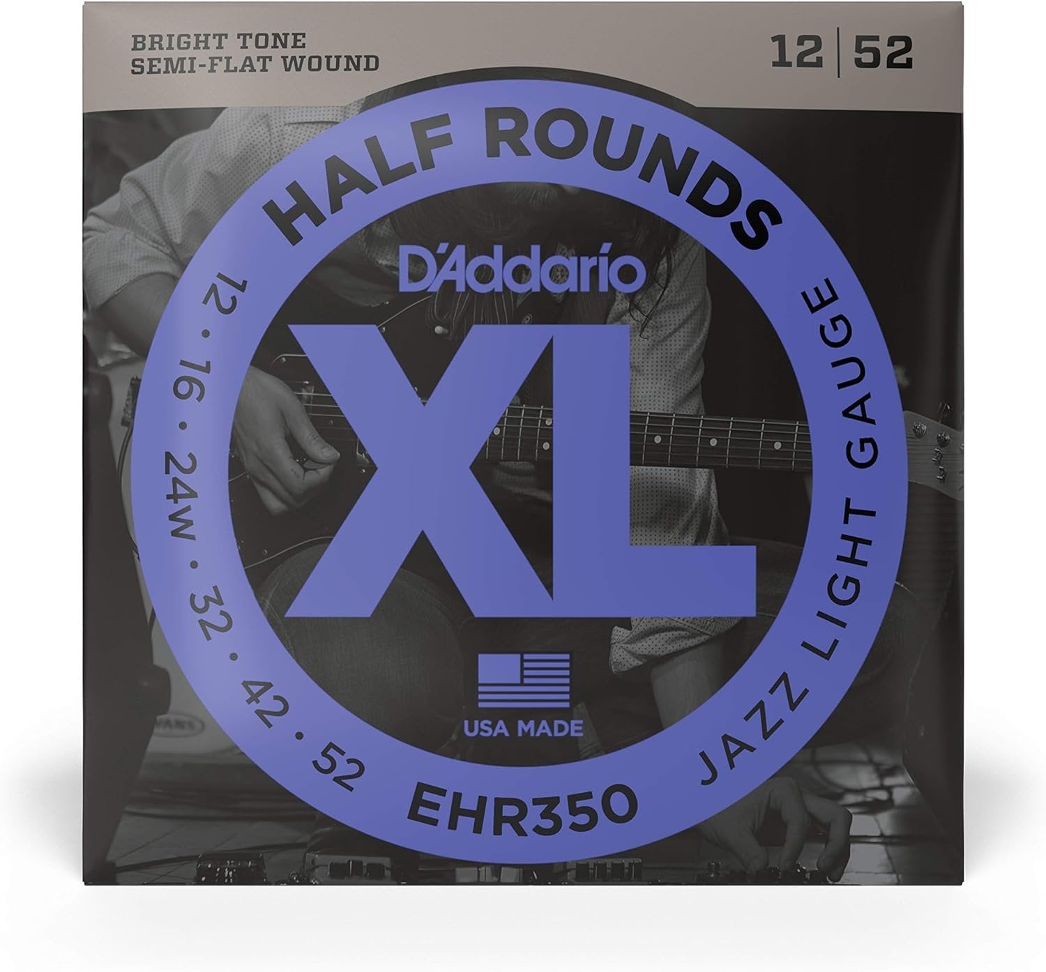 D'Addario Guitar Strings - XL Half Rounds Electric Guitar Strings - Semi-Flat Wound - Bright Tone, Smooth Feel, Reduced Finger Noise - EHR350 - Jazz Light, 12-52