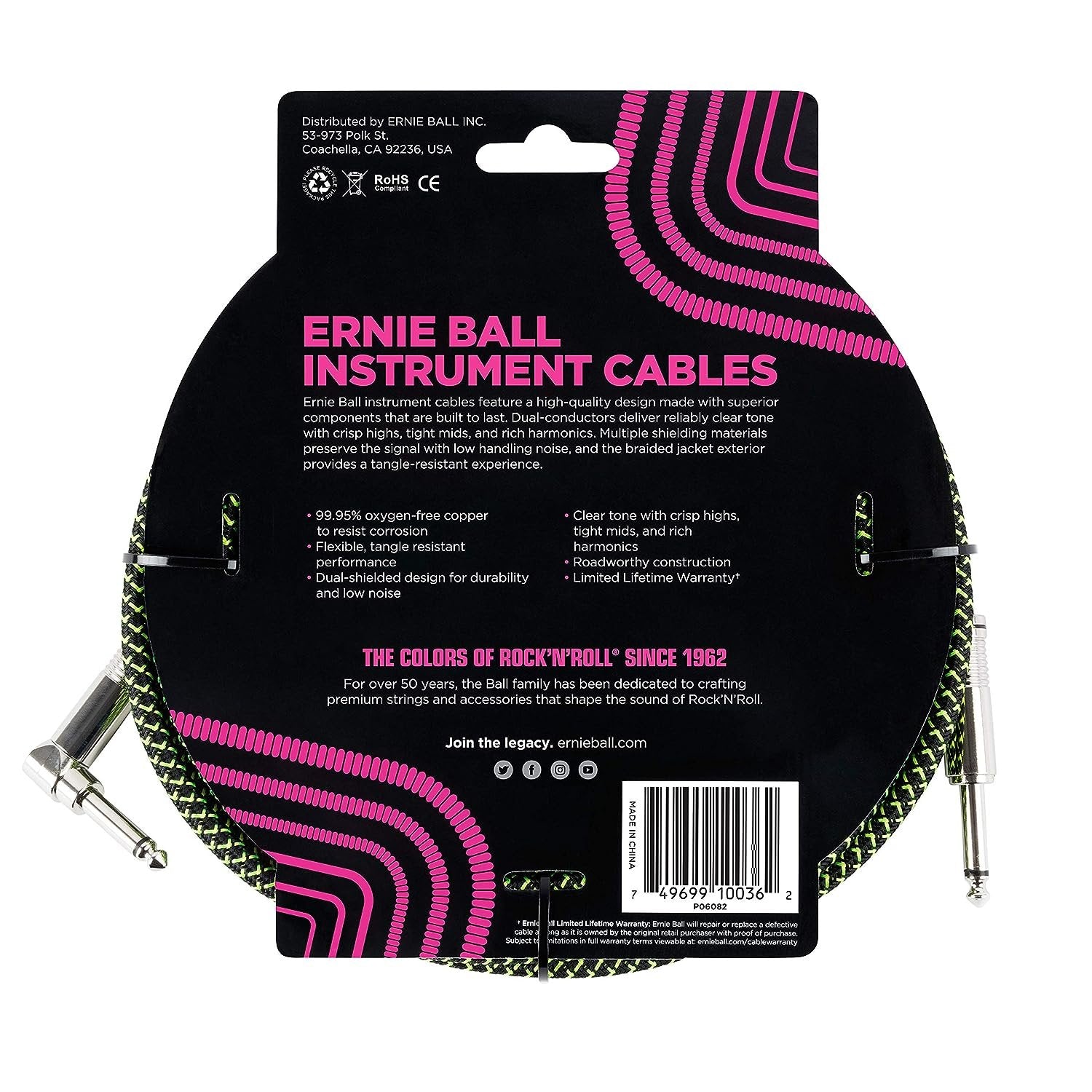 Ernie Ball Braided Instrument Cable, Straight/Angle, 18ft, Neon Green/Black (P06082)