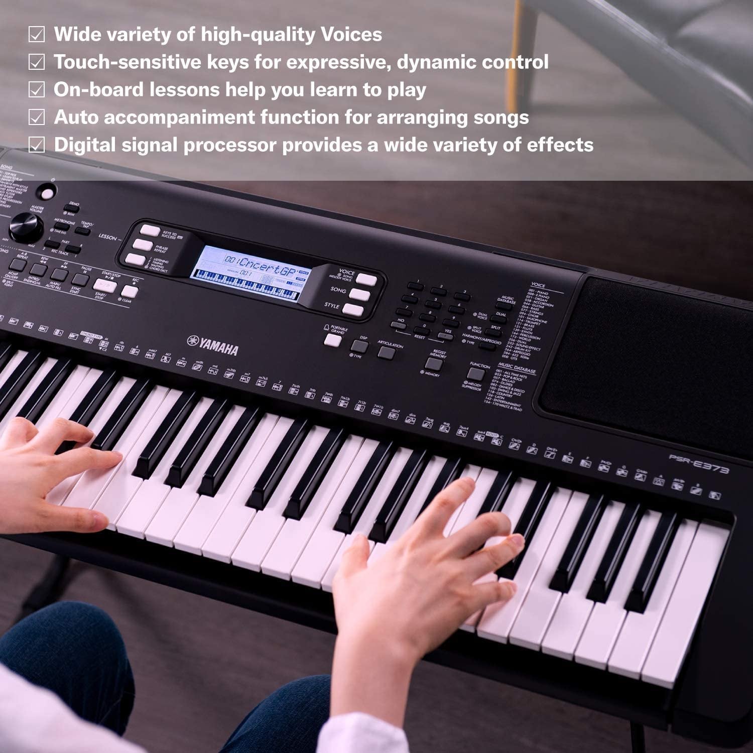 Yamaha PSRE373 61-Key Touch Sensitive Portable Keyboard with PA130 Power Adapter