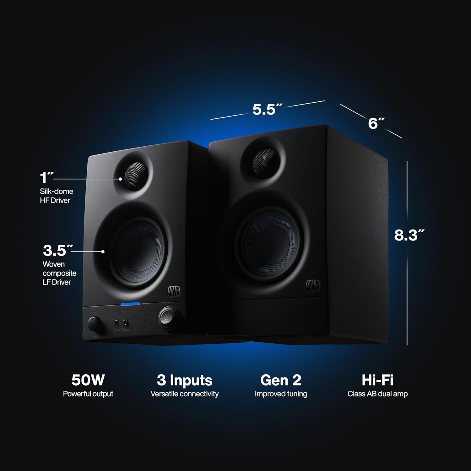 PreSonus Eris 3.5 Gen 2 — 3.5-inch Powered Desktop Speakers for Multimedia, Gaming, Studio-Quality Music Production, 50W Power