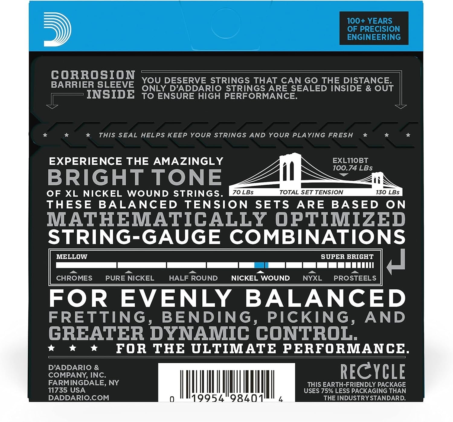 D'Addario Guitar Strings - XL Nickel Electric Guitar Strings - EXL110BT - Perfect Intonation, Consistent Feel, Reliable Durability - For 6 String Guitars - 10-46 Regular Light Balanced Tension