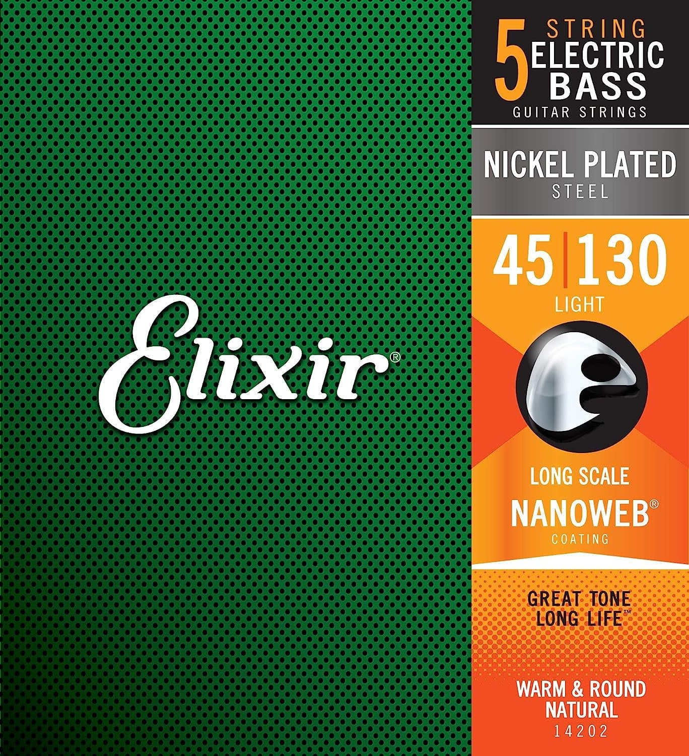 Elixir Strings Nickel Plated Steel 5-String Bass Strings w NANOWEB Coating, Long Scale, Light (.045-.130)