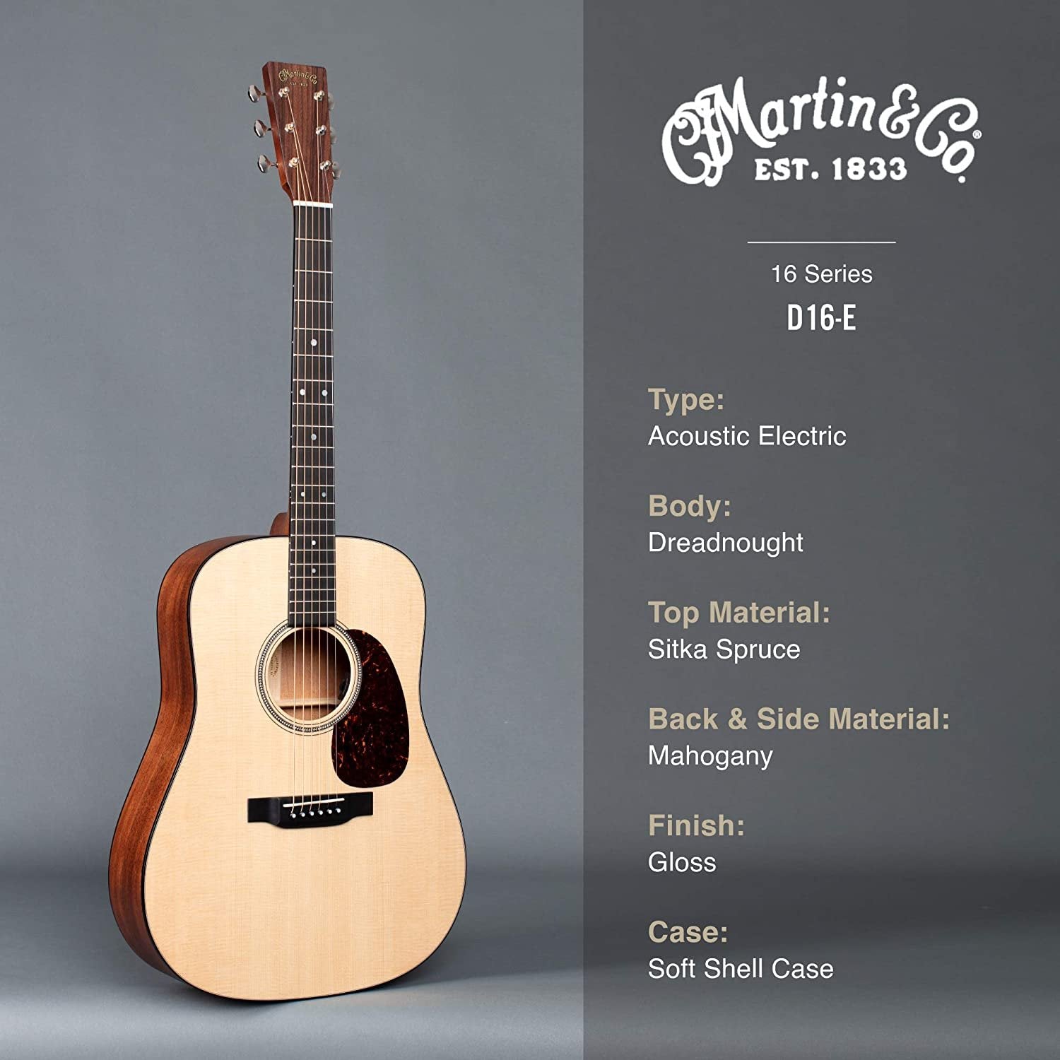 Martin Guitar D-16E Mahogany with Gig Bag, Acoustic-Electric Guitar, Mahogany and Sitka Spruce Construction, Gloss-Top Finish, D-14 Fret, and Low Oval Neck Shape