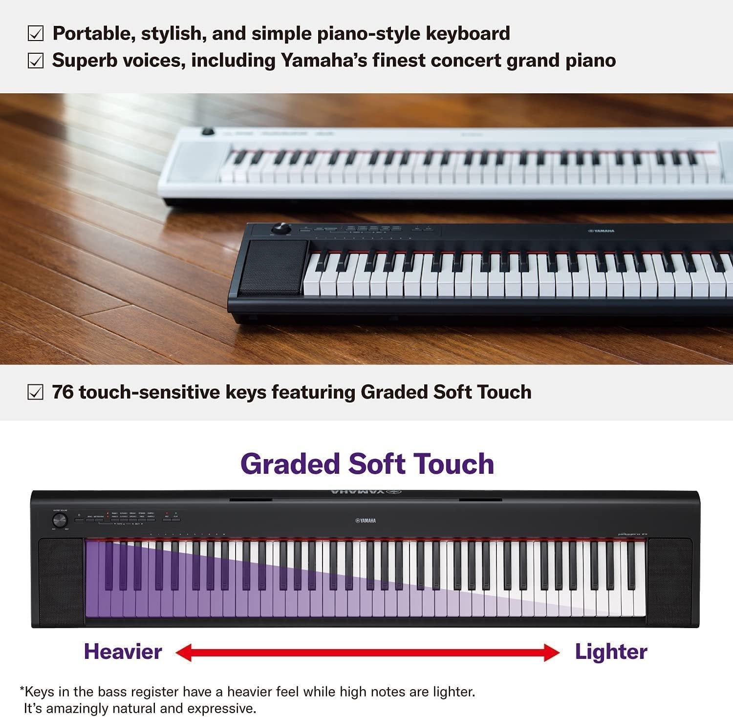 Yamaha NP32 76-Key Lightweight Portable Keyboard with PA130 Power Adapter, Black