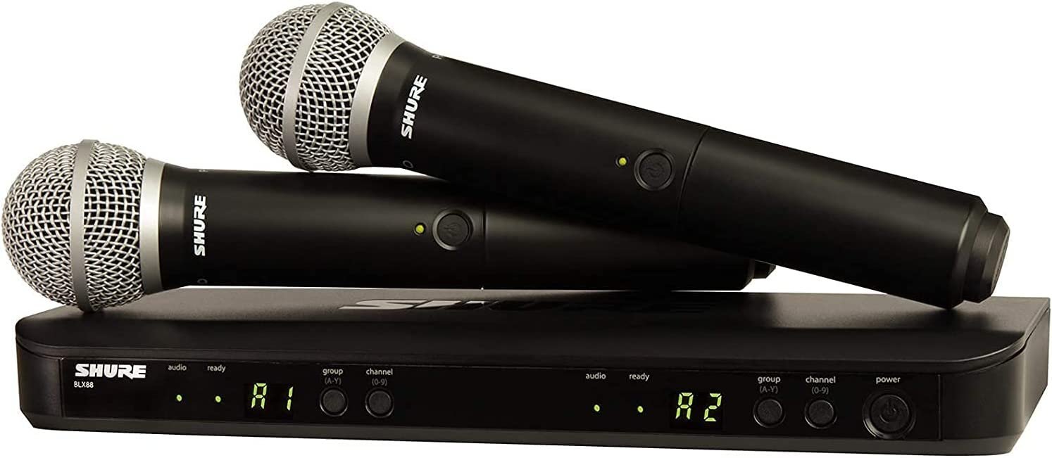 Shure BLX288/PG58 Wireless Microphone System for Two Performers with BLX88 Dual Channel Receiver and Two BLX2 Handheld Transmitters with PG58 Mic Capsules for Lead and Backup Vocals - H9 Band