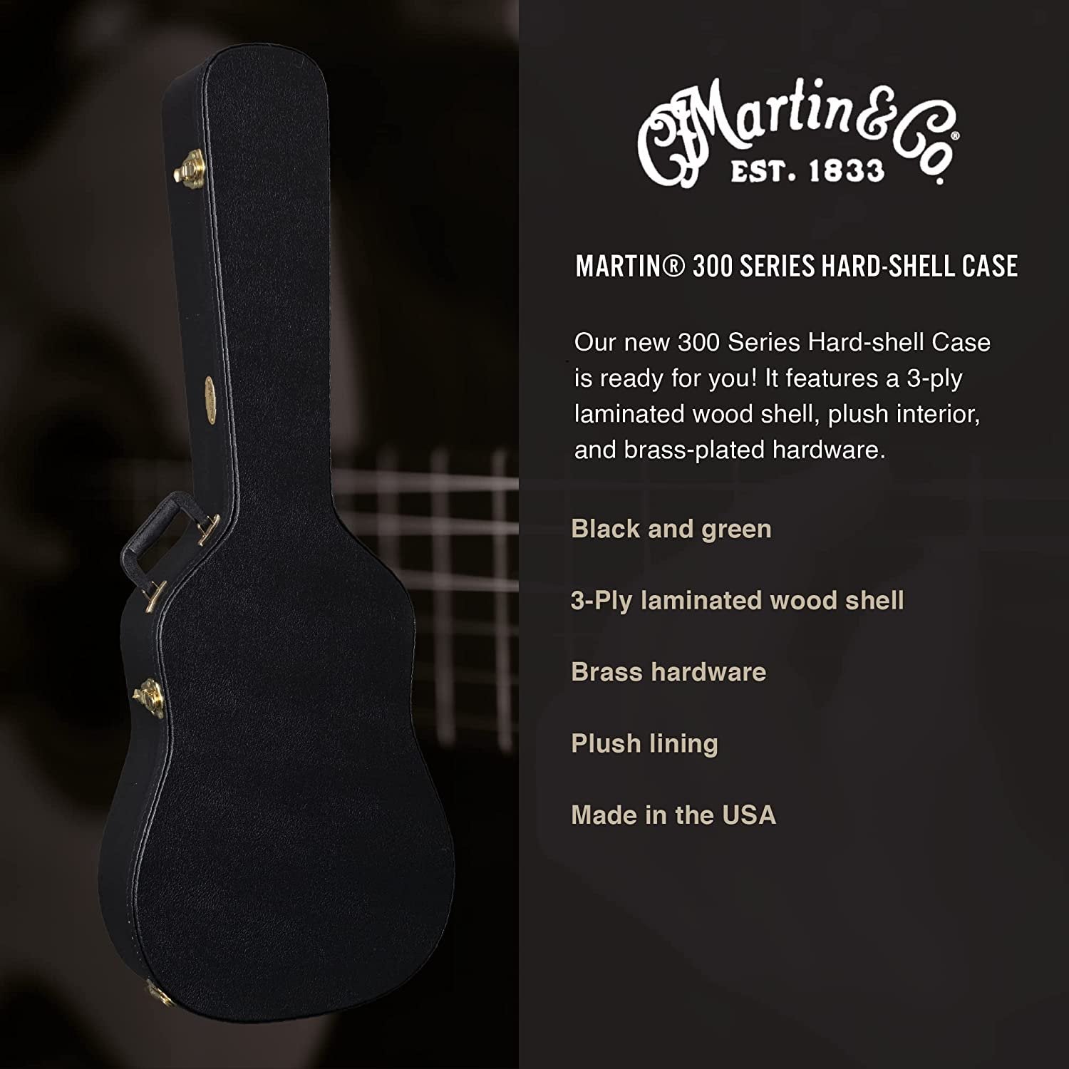 Martin Guitar 300-Series Dreadnought Hard-Shell Case, Hard Acoustic Guitar Case with Plush Inside