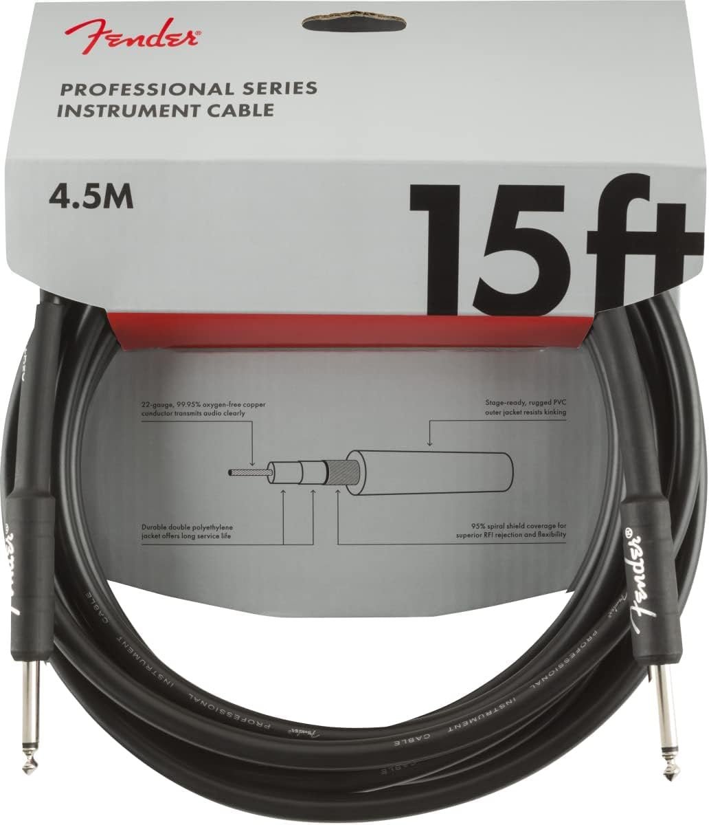 Fender Professional Series Instrument Cable, Guitar Cable, Guitar Accessories, Straight/Straight, Black, 15ft