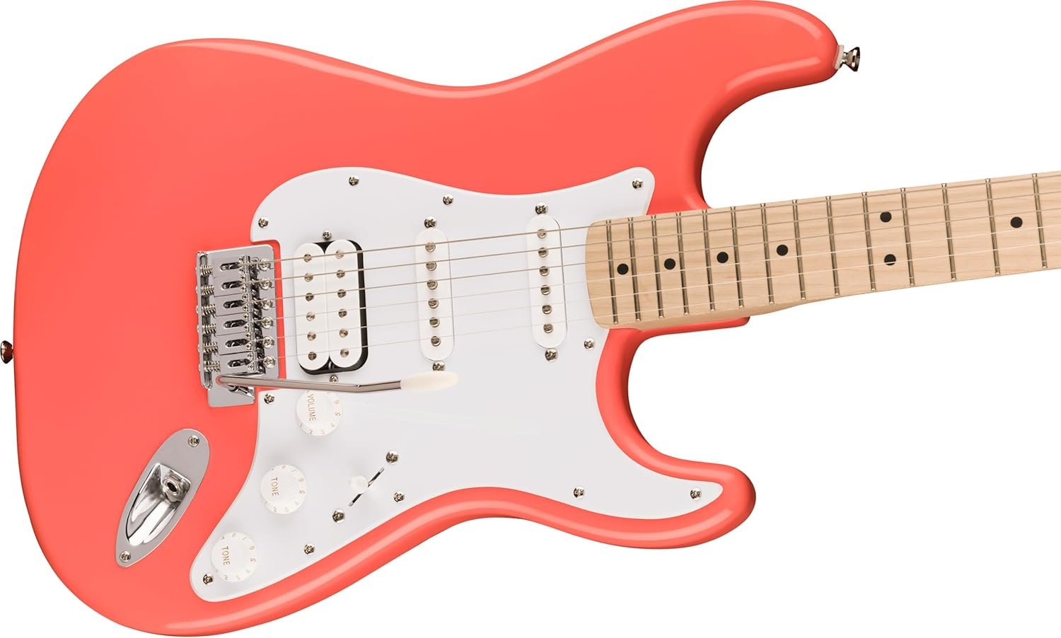 Squire Sonic Stratocaster Electric Guitar, Tahitian Coral, Maple Fingerboard, White Pickguard