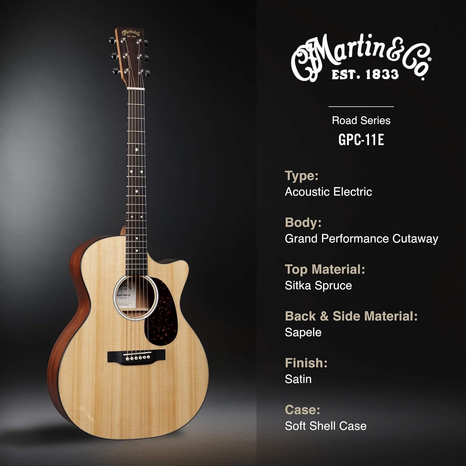 Martin Guitar Road Series GPC-11E Acoustic-Electric Guitar with Gig Bag, Sitka Spruce and Sapele Construction, GPC-14 Fret and Performing Artist Neck Shape with High-Performance Taper Natural