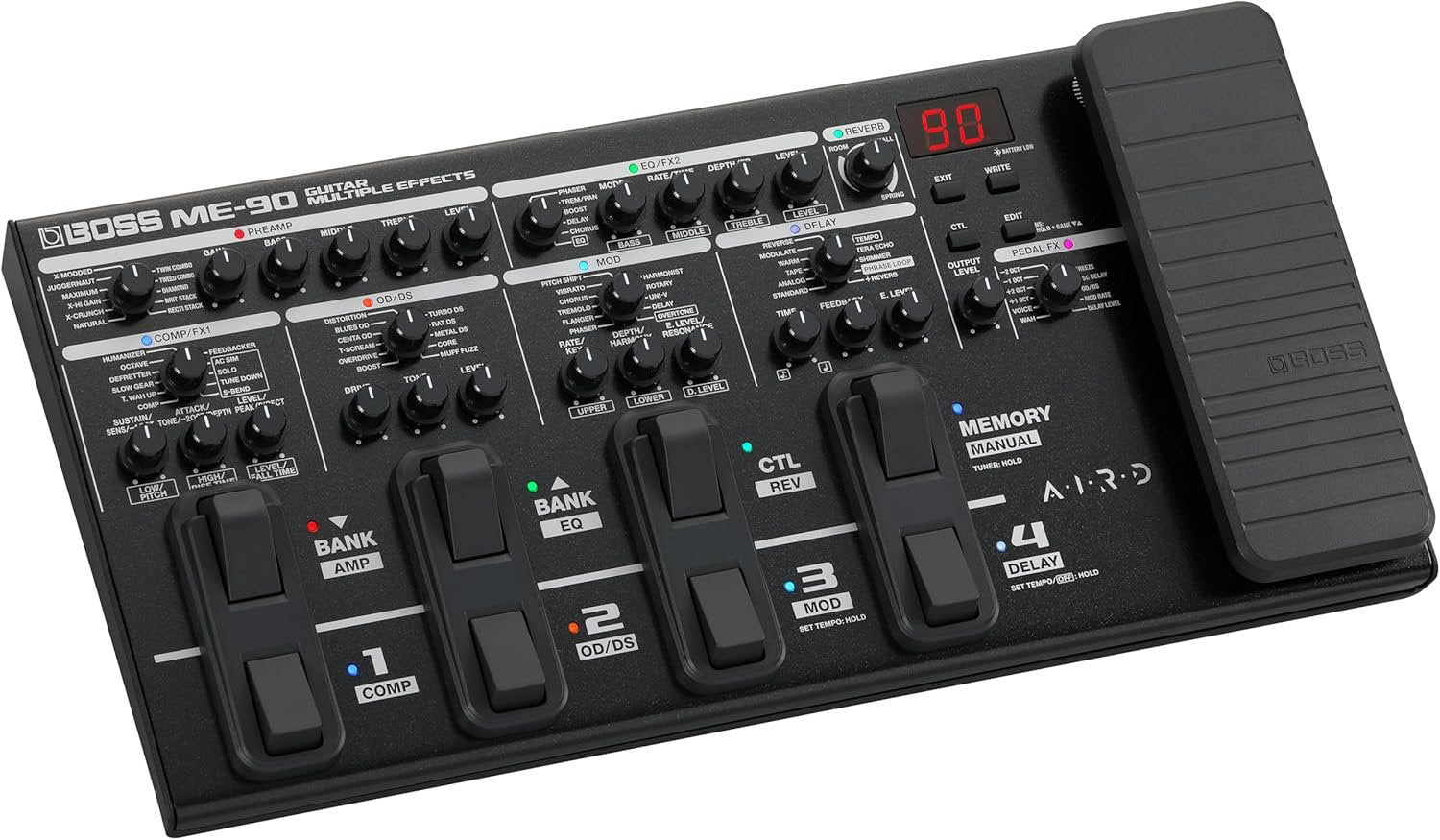 BOSS ME-90 Guitar Multi-Effects | All-In-One Guitar Processor | 11 Onboard AIRD Amp Models | 60 Effects derived from the GT-1000 | 8 Multi-Function Footswitches & Redesigned Expression Pedal