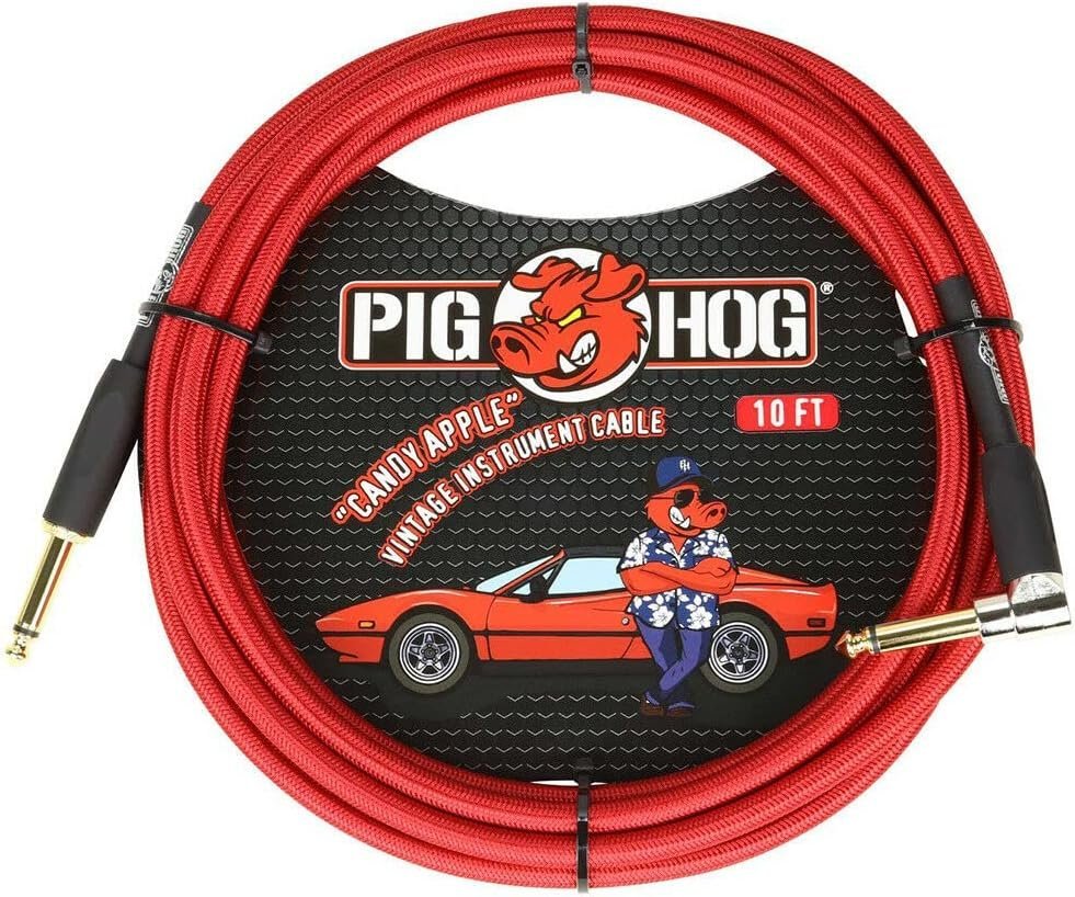 Pig Hog "Candy Apple Red Instrument Cable, 10'. Right Angle
