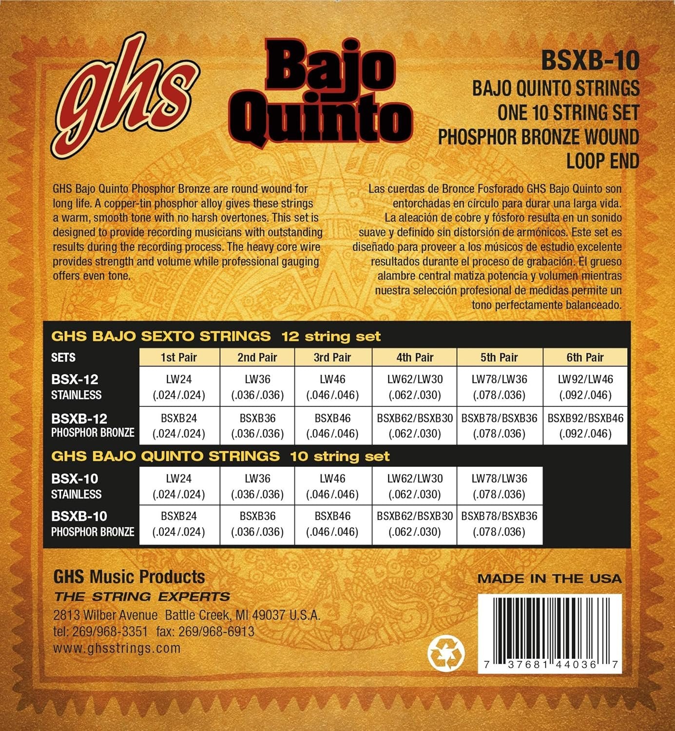 GHS Strings BSXB-10 PHOSPHOR BRONZE BAJO QUINTO Strings, Loop End