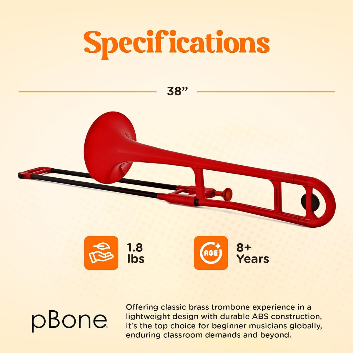 pBone Bb Plastic Trombone - Lightweight pInstruments Design with Ergonomic Grip - Carrying Bag - Authentic Bb Sound for Students & Beginners - Durable ABS - Red