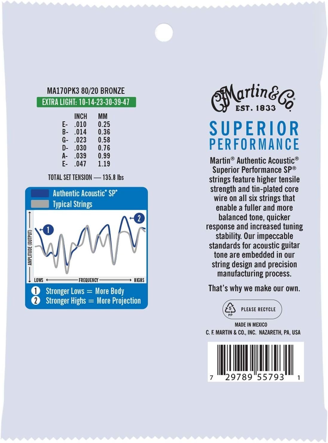 Martin Authentic Acoustic Guitar Strings, Superior Performance Extra Light 10-47 80/20 Bronze, 3 Pack