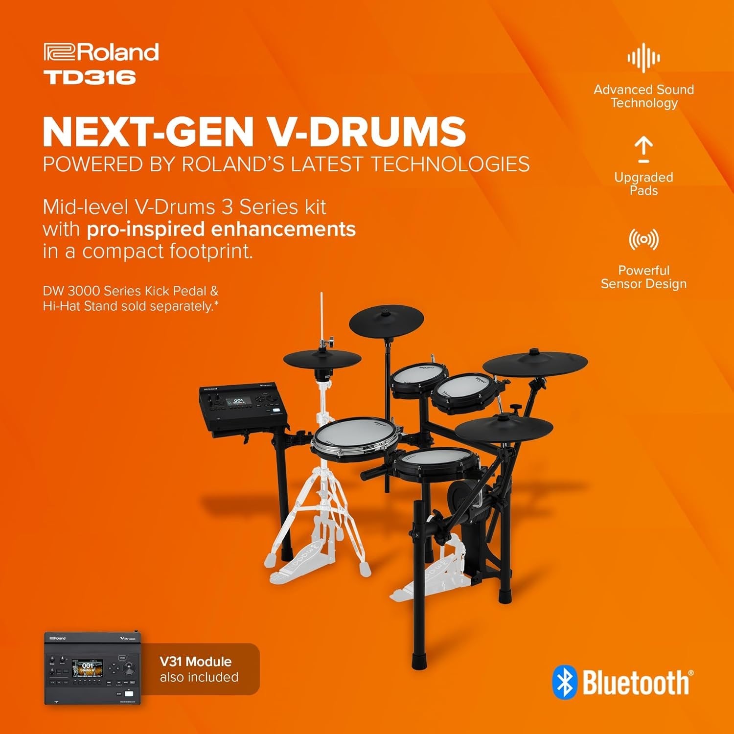 Roland TD316 V-Drums | Compact 3 Series Mid-Level V-Drum Kit | V31 Sound Module | Advanced Sound Technology | Upgraded Pads | Powerful Sensor Technology | Integrated Coach Mode | Expanded I/O Features