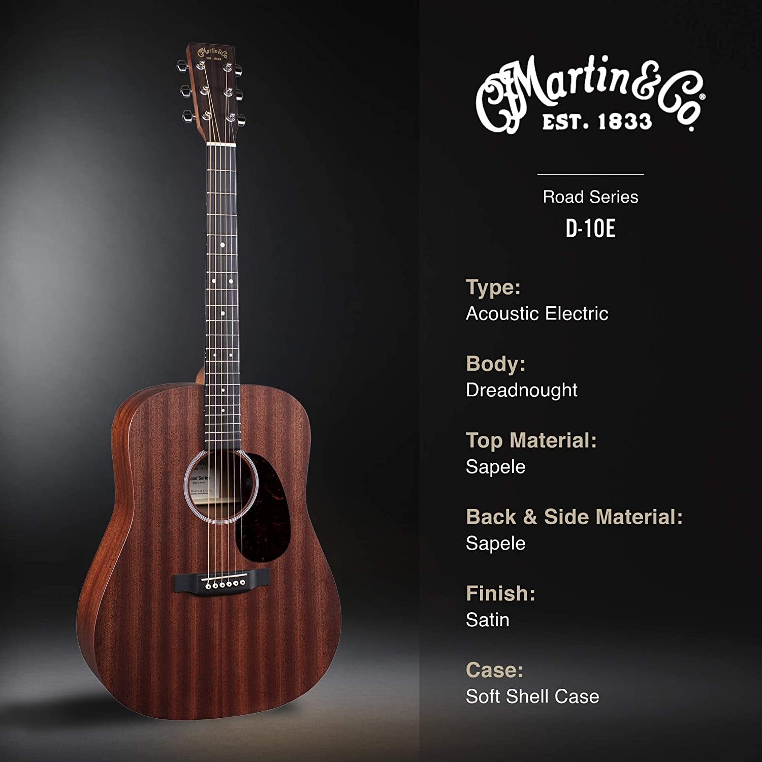 Martin Guitar Road Series D-10E Acoustic-Electric Guitar with Gig Bag, Sapele Wood Construction, D-14 Fret and Performing Artist Neck Shape with High-Performance Taper