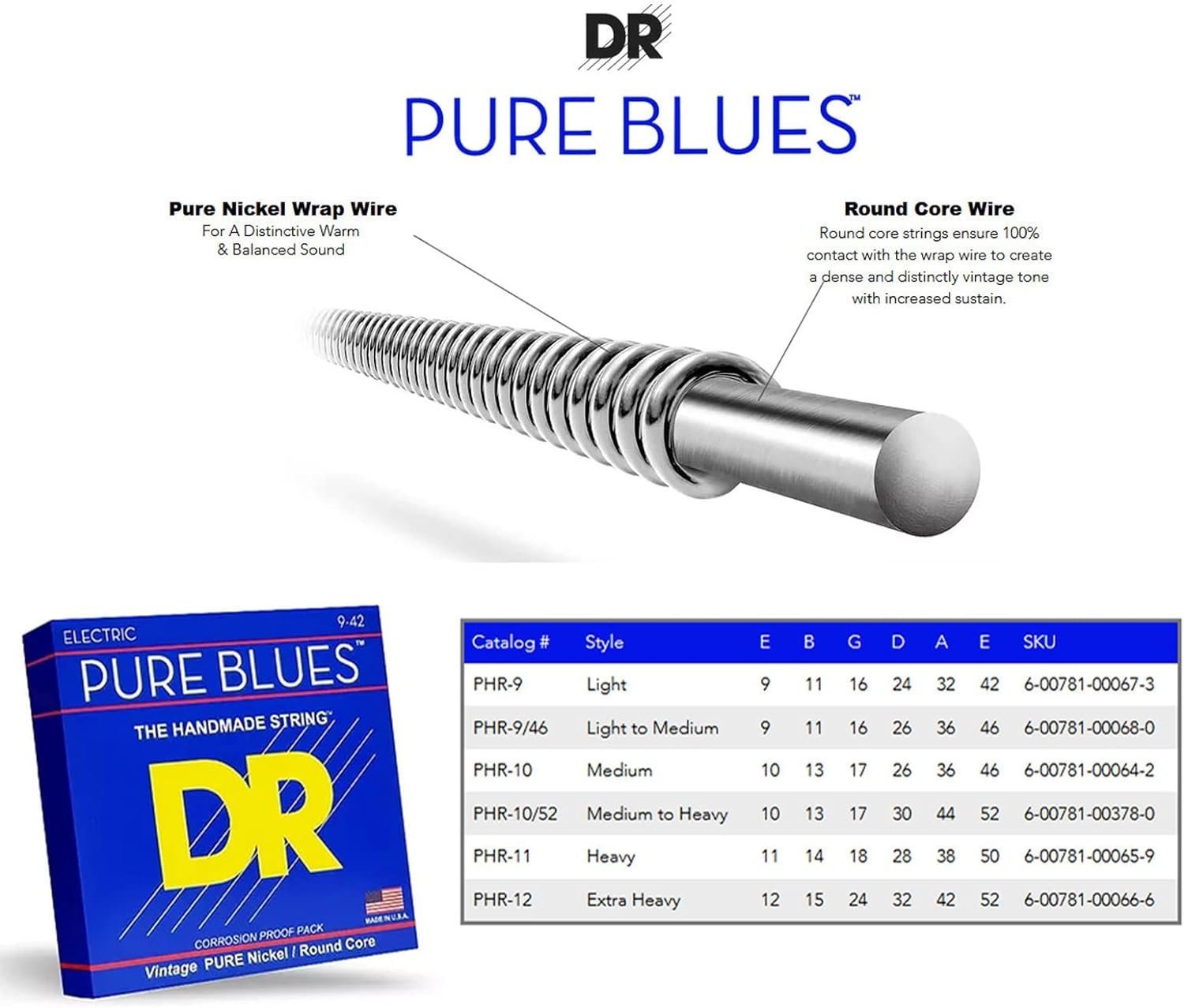 DR Strings Pure Blues Nickel Wound Vintage Style Electric Guitar Strings — 10-46 Gauge