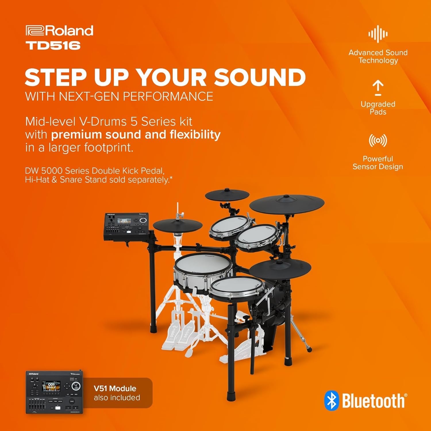 Roland TD516 V-Drums | Compact 5 Series Mid-Level V-Drum Kit | V51 Sound Module | Advanced Sound Technology | Upgraded Pads | Flagship-Grade Features | Integrated Coach Mode