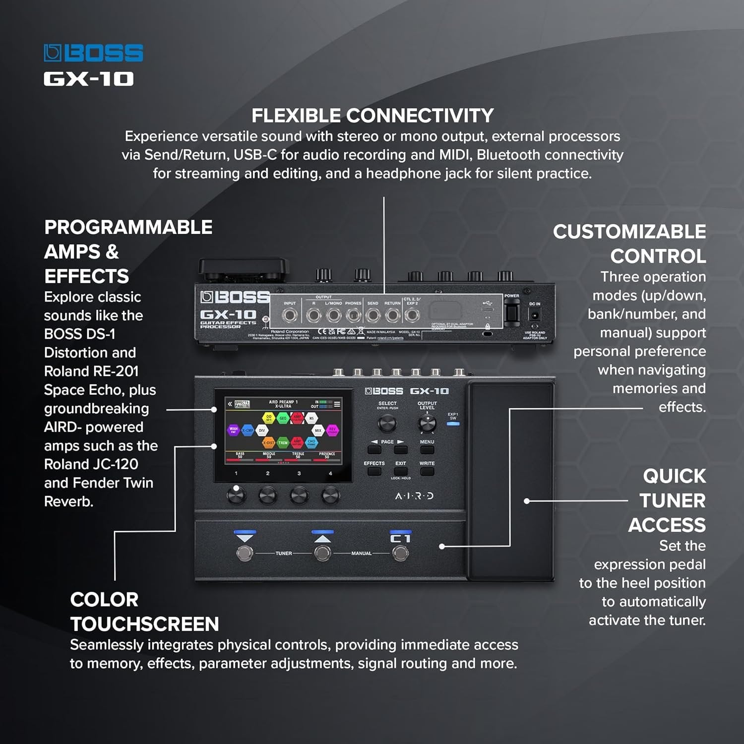BOSS GX-10 Compact Guitar & Bass Effects Processor, GX-100 Sound Engine, Colour Touch Display, 32 Amp Types & 170 BOSS Effects Multi-mode, Footswitches & Expression Pedal, AIRD Technology