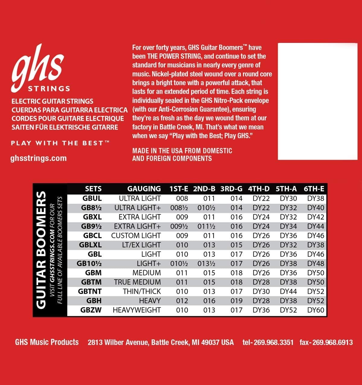 GHS Strings, Electric Guitar Strings, Guitar Boomers, Model: GBM SET, Medium Gauge, 11-50