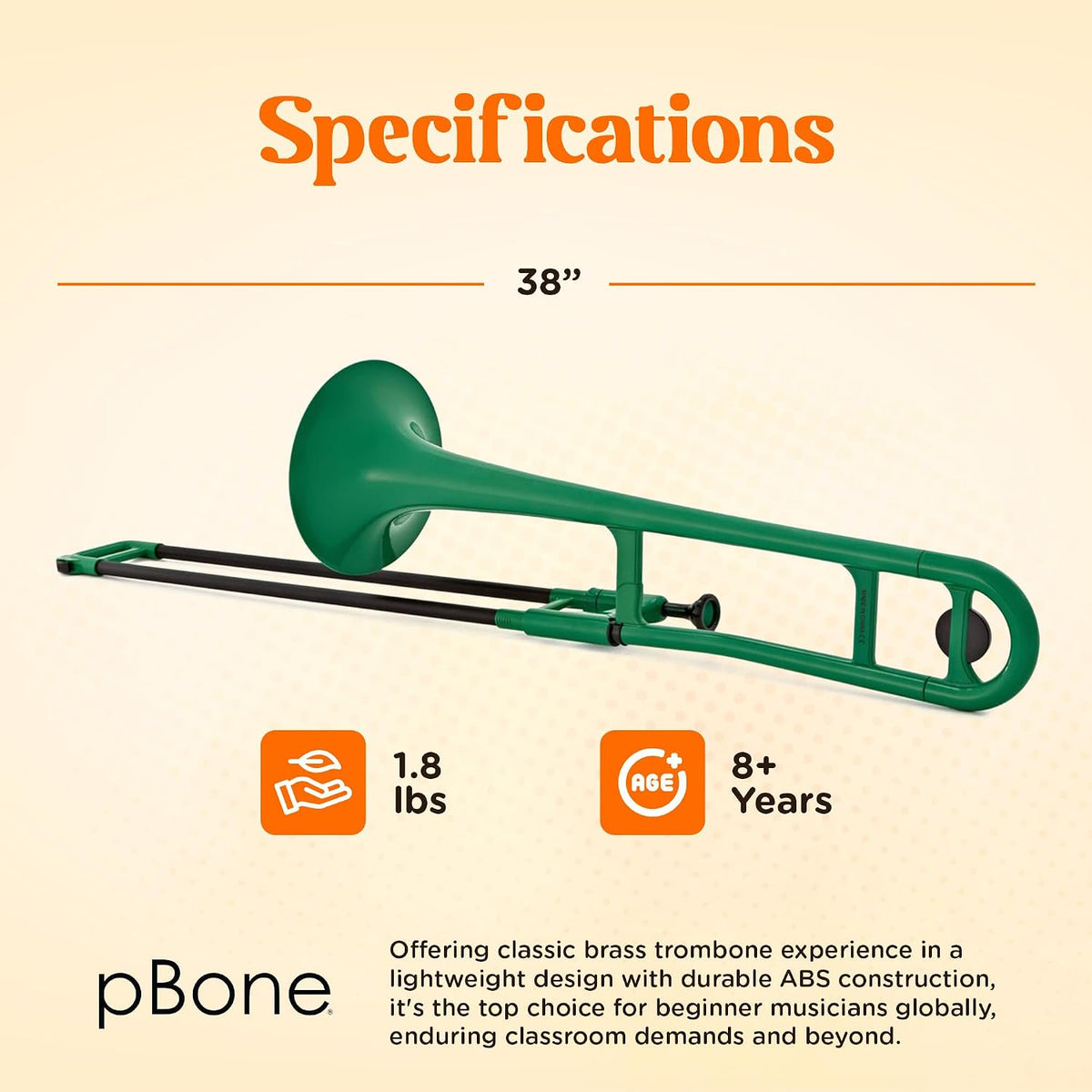 pBone Bb Plastic Trombone - Lightweight pInstruments Design with Ergonomic Grip & Carrying Bag - Authentic Bb Sound for Students & Beginners - Durable ABS - Green