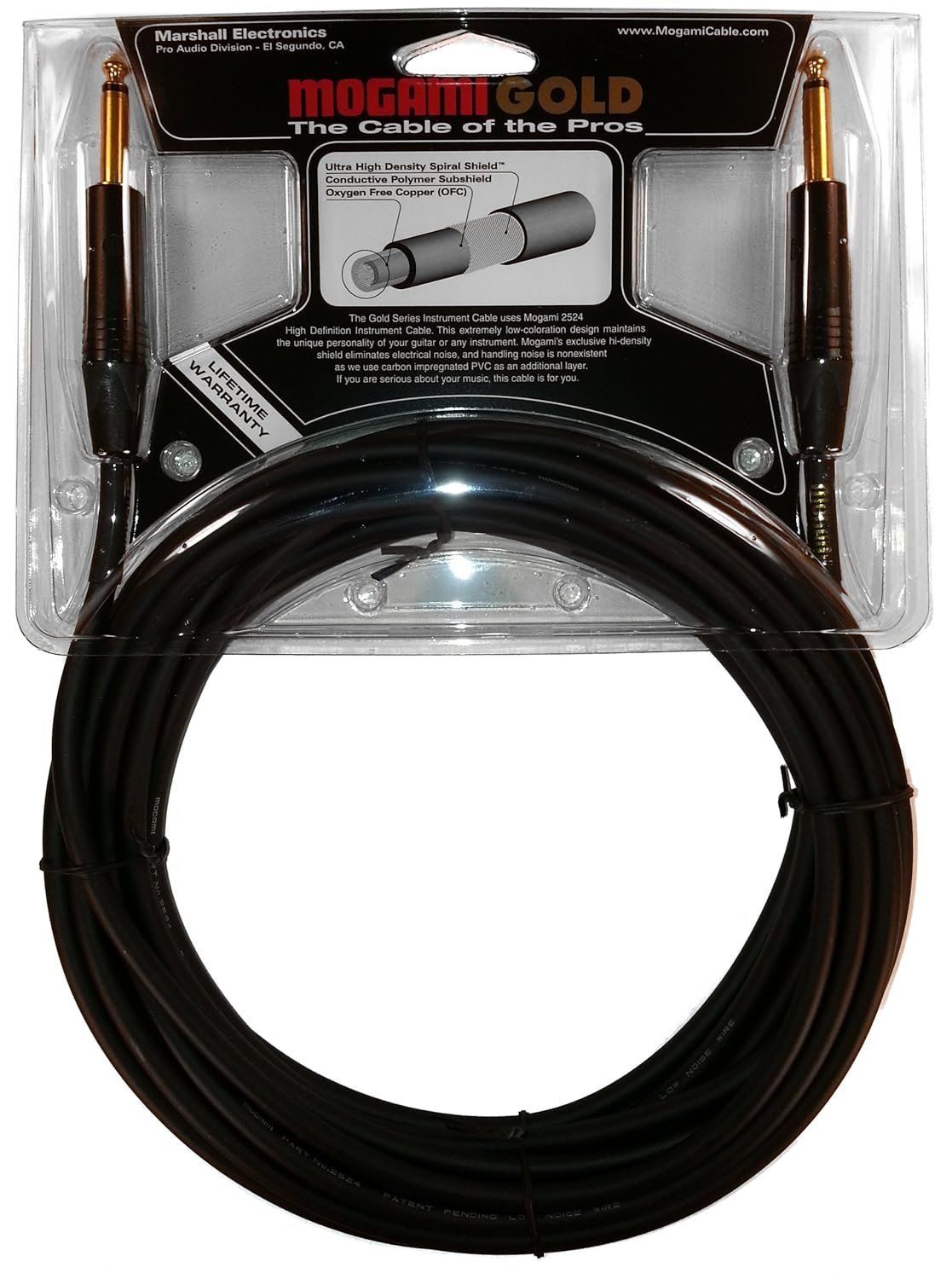 Mogami Gold INSTRUMENT-25 Guitar Instrument Cable, 1/4" TS Male Plugs, Gold Contacts, Straight Connectors, 25 Foot.