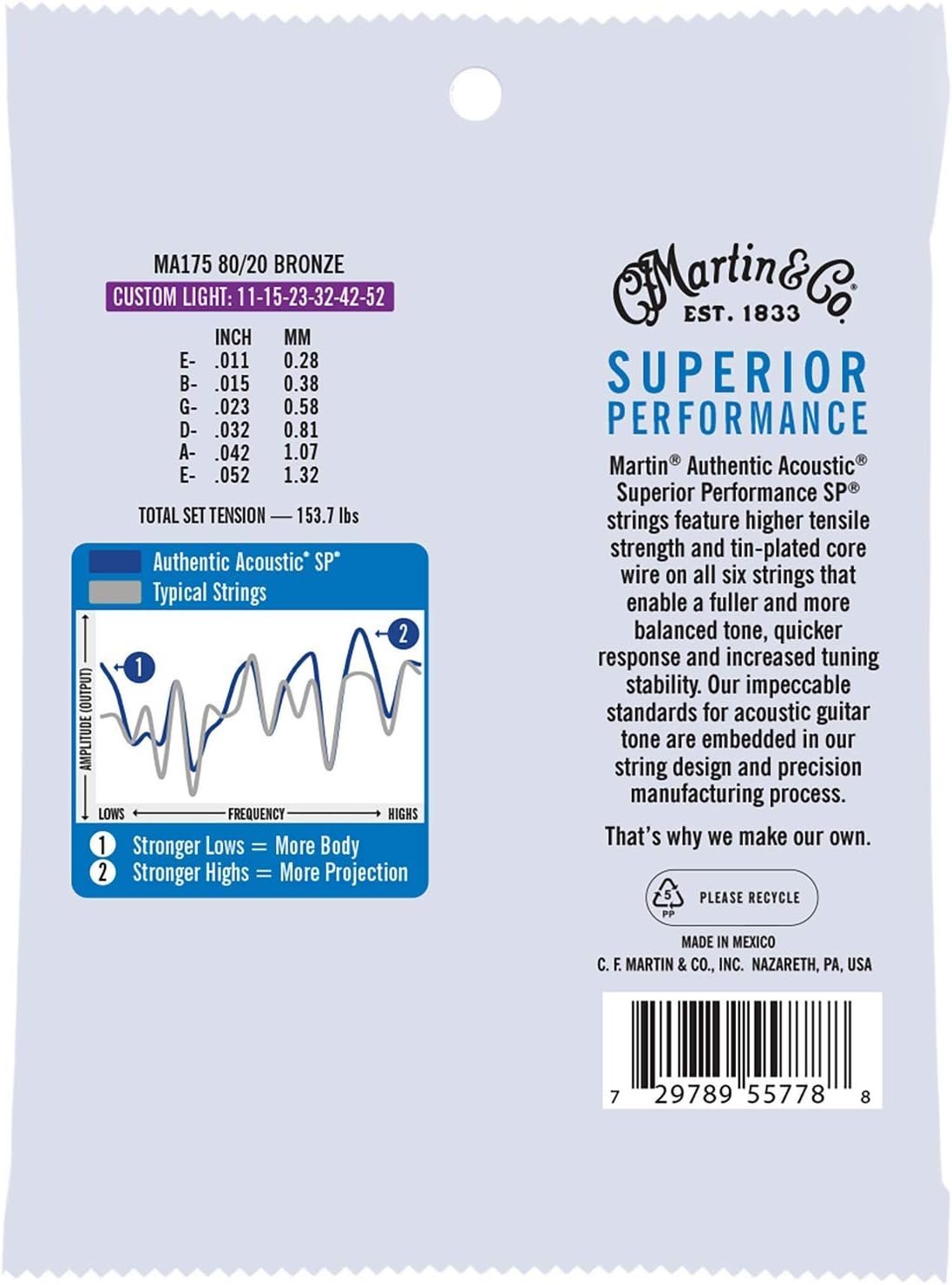 Martin Authentic Acoustic Guitar Strings, Superior Performance Custom Light 11-52, 80/20 Bronze