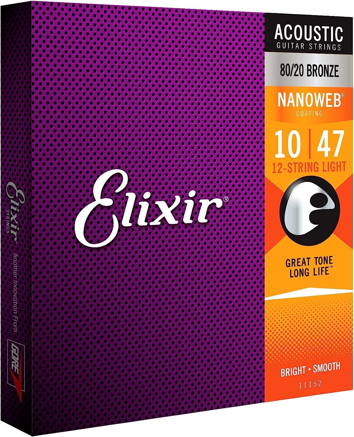 Elixir Strings - Acoustic 80/20 Bronze with NANOWEB Coating - Elixir Acoustic Guitar Strings - 12 String Light (.010-.047)