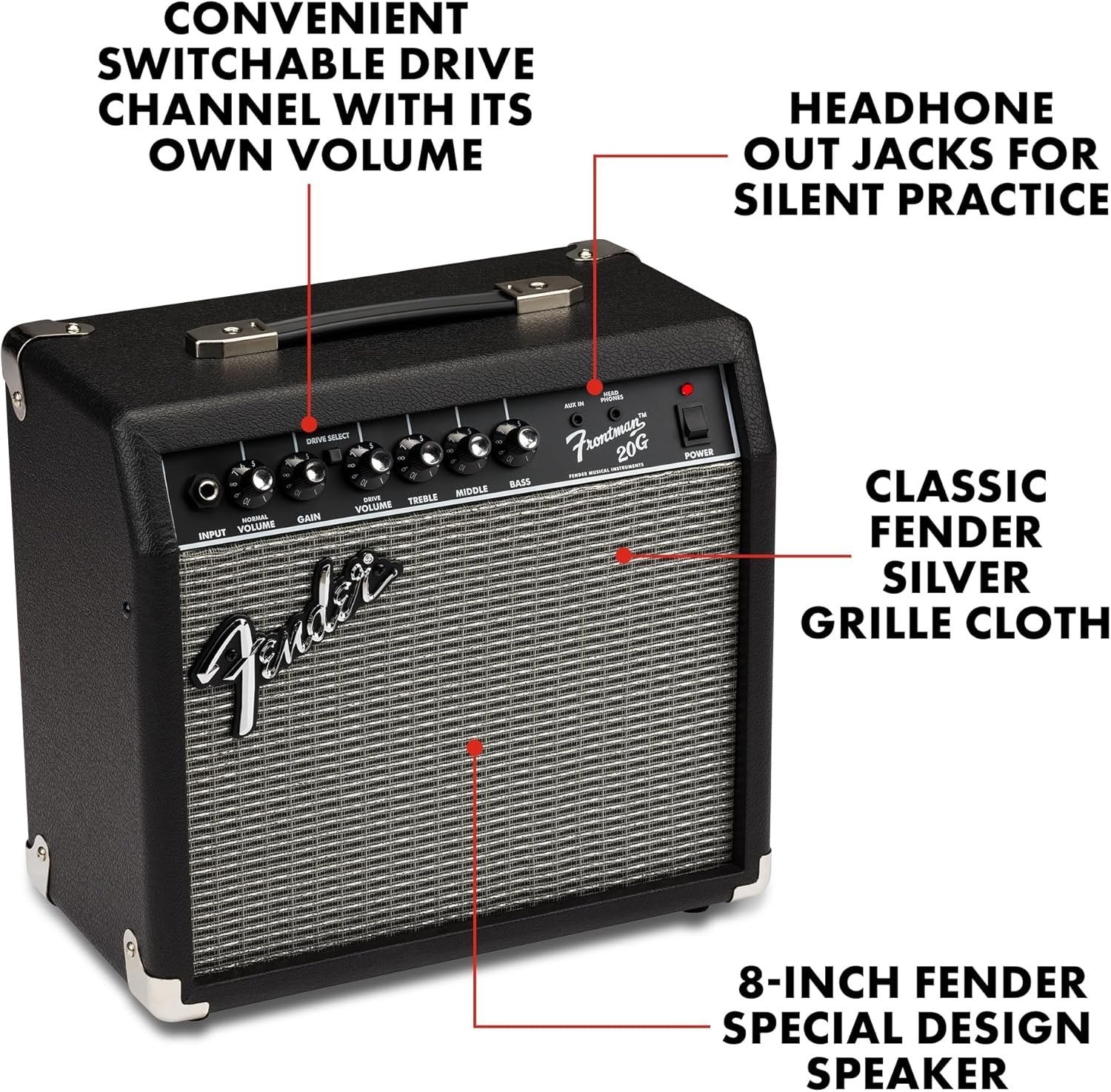 Fender Frontman 20G Guitar Amp, 20 Watts, with 2-Year Warranty 6 Inch Fender Special Design Speaker, 10x16x16 inches