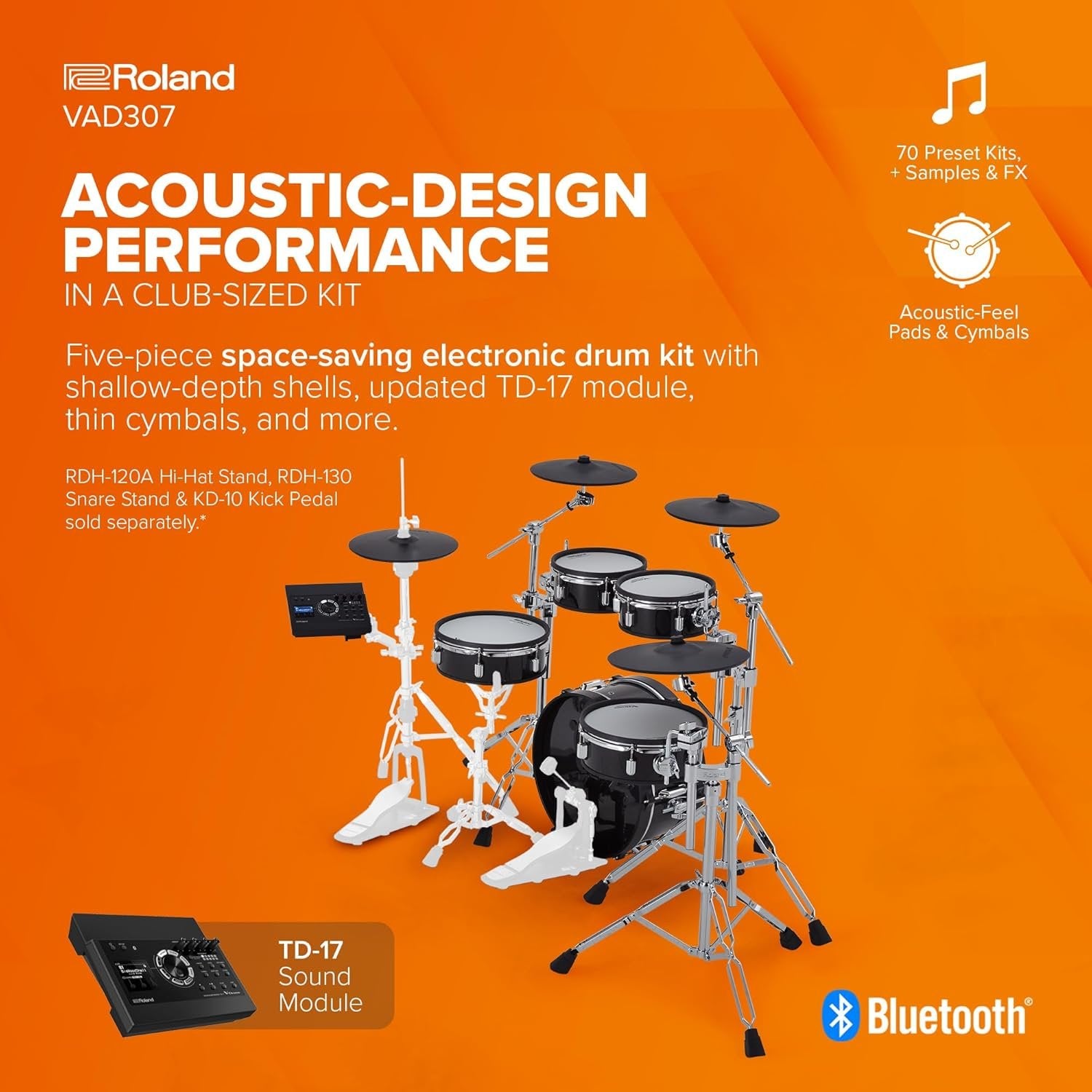 Roland VAD307 V Acoustic Design Space-Saving Drum Kit with Shallow-Depth Shells, Updated TD-17 Module, Thin Cymbals