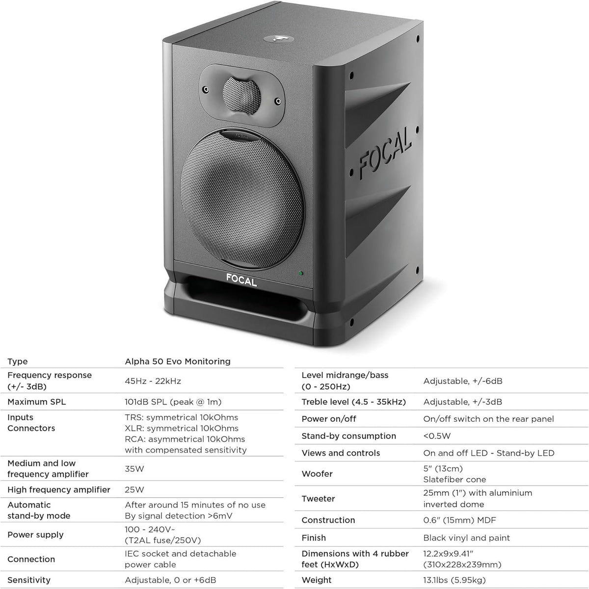 Focal Alpha 50 Evo – 5" Active 2-Way Studio Monitor, 60W RMS Bi-Amp, Slatefiber Woofer, 45Hz–22kHz, Neutral Nearfield Reference Speaker – Sold Individually