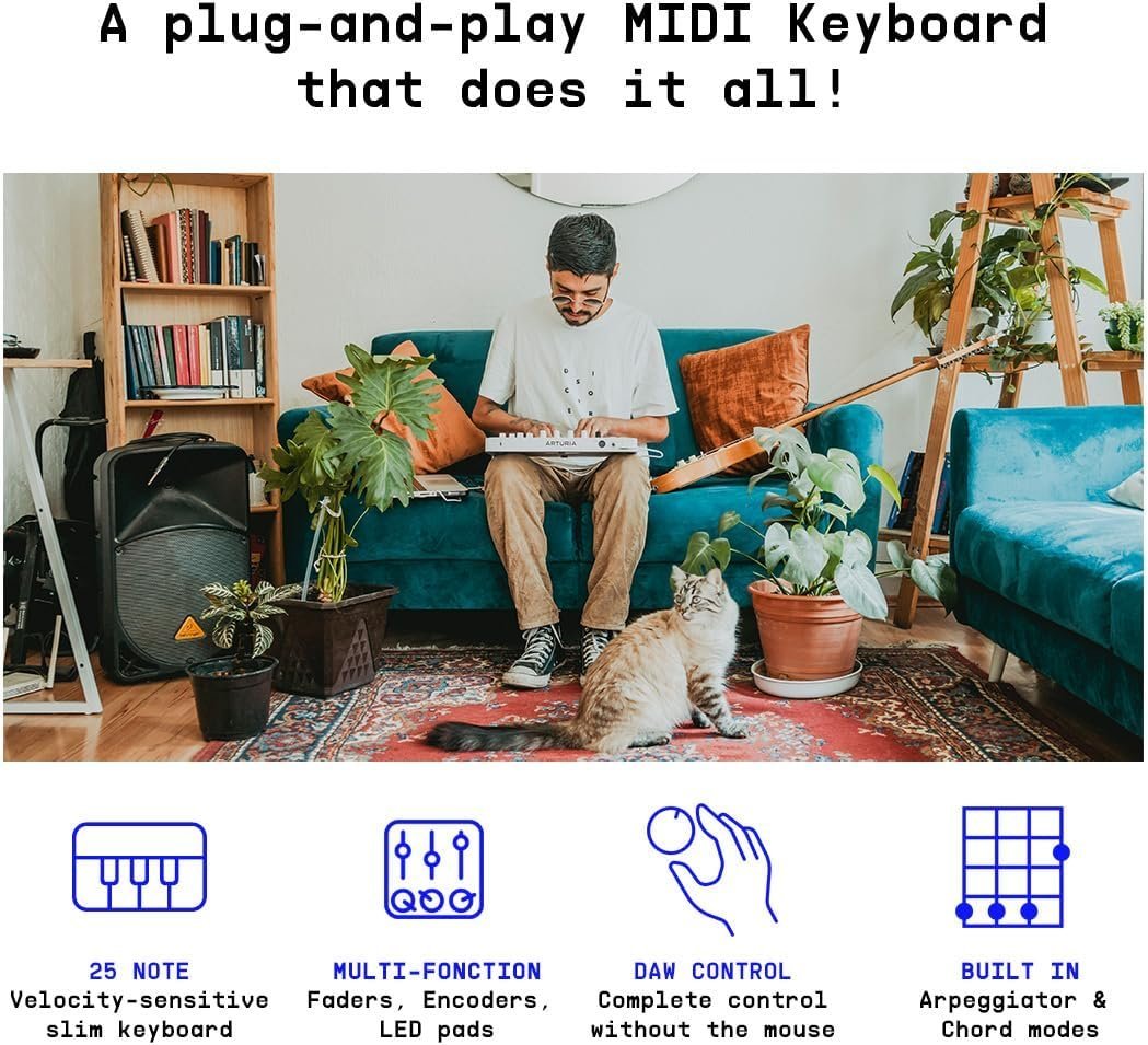 Arturia MiniLab 3 - Universal MIDI Controller for Music Production, with All-in-One Software Package - 25 Keys, 8 Multi-Color Pads - White