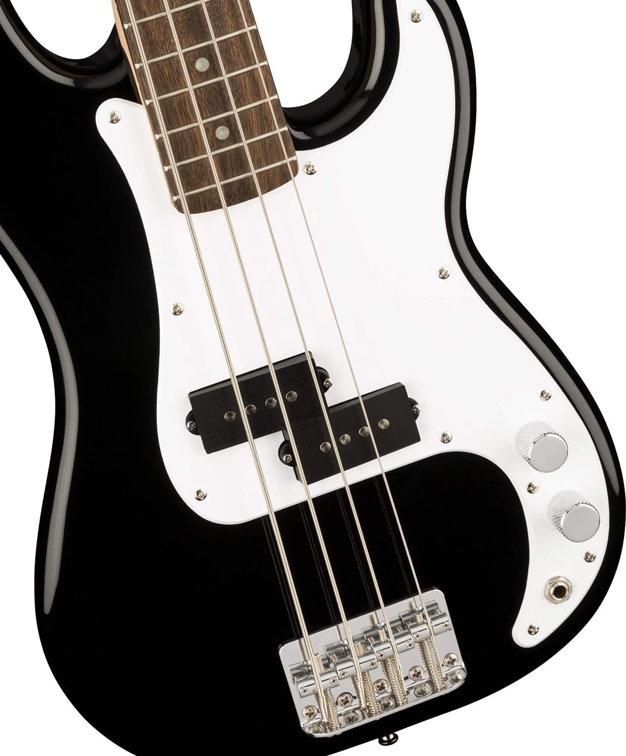 Squier by Fender Mini Precision Short Scale Bass Guitar with 2-Year Warranty, Laurel Fingerboard, Sealed Die-Cast Tuning Machines, and Split Single-Coil Pickup, Maple Neck, Black
