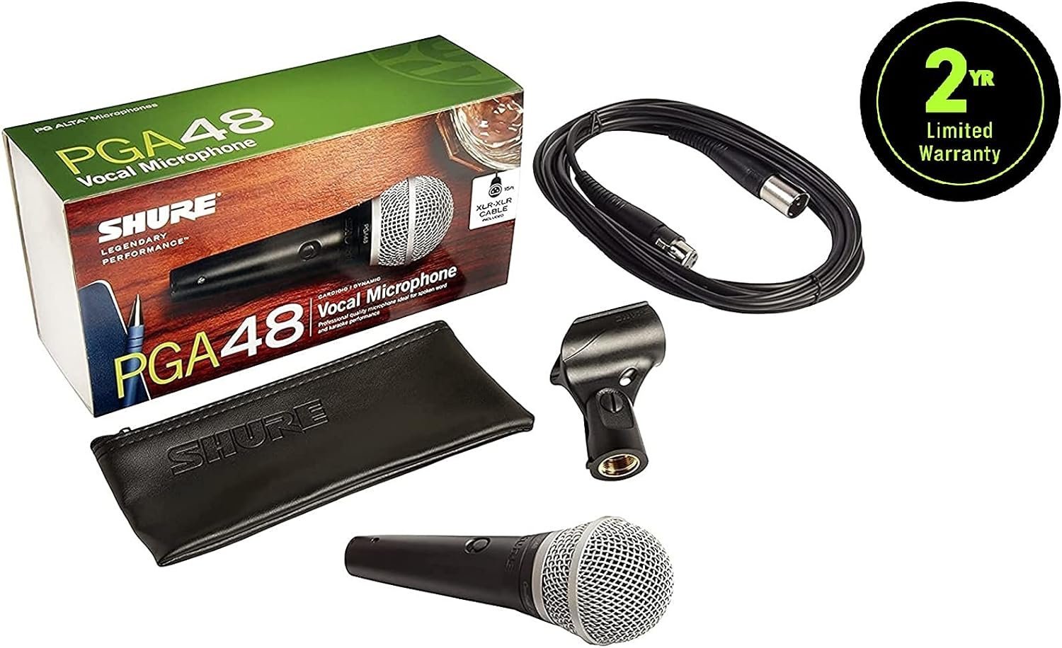 Shure PGA48 Dynamic Microphone -  15' XLR-to-XLR Cable, Stand Adapter and Zipper Pouch (PGA48-XLR)