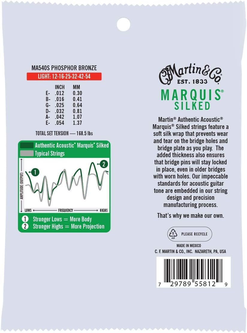 Martin Authentic Acoustic® Marquis® Silked Guitar Strings – Phosphor Bronze, Light Gauge | Warm, Balanced Tone with Bridge Protection | Silk-Wrapped Ball Ends