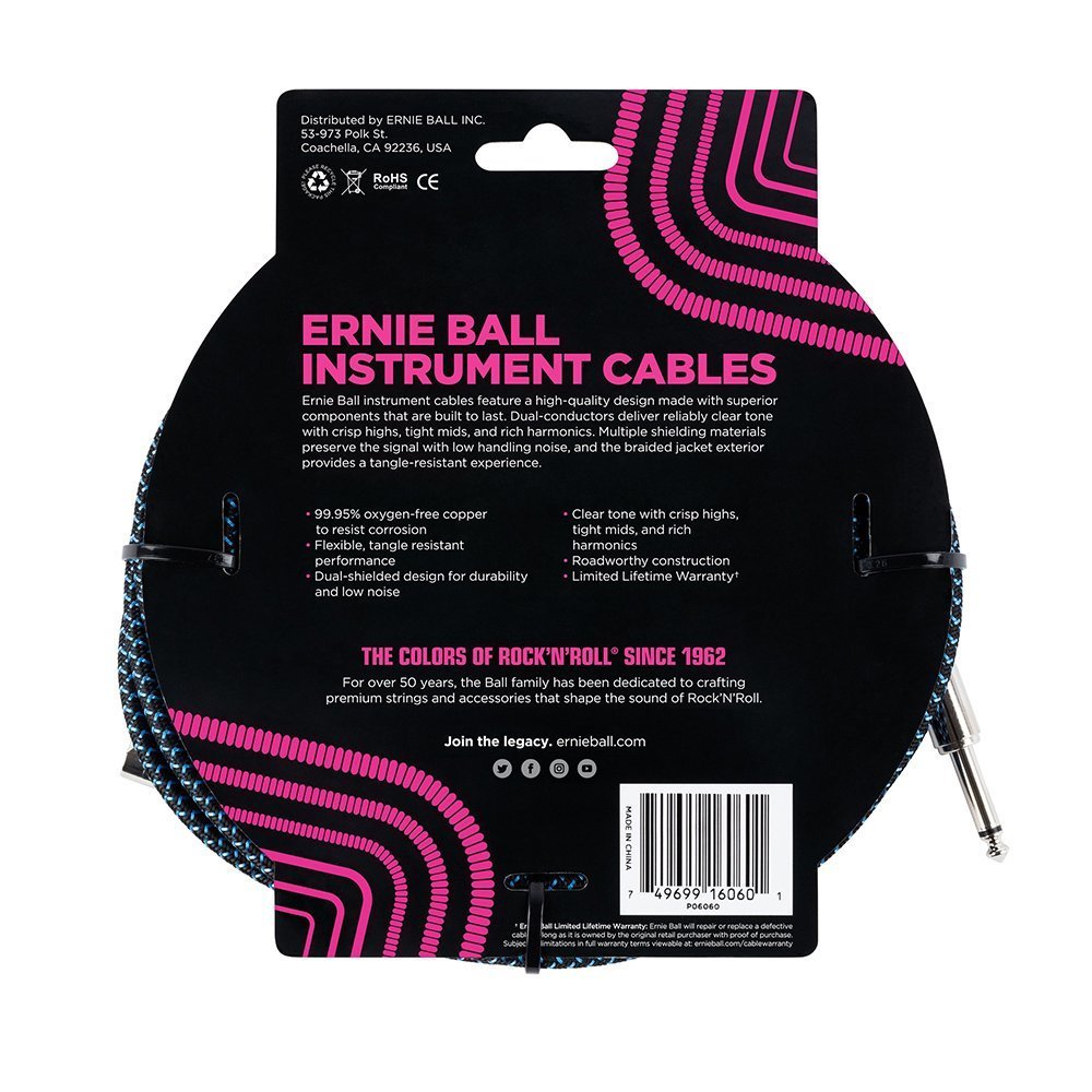 Ernie Ball Braided Instrument Cable, Straight/Angle, 25ft, Blue/Black (P06060)