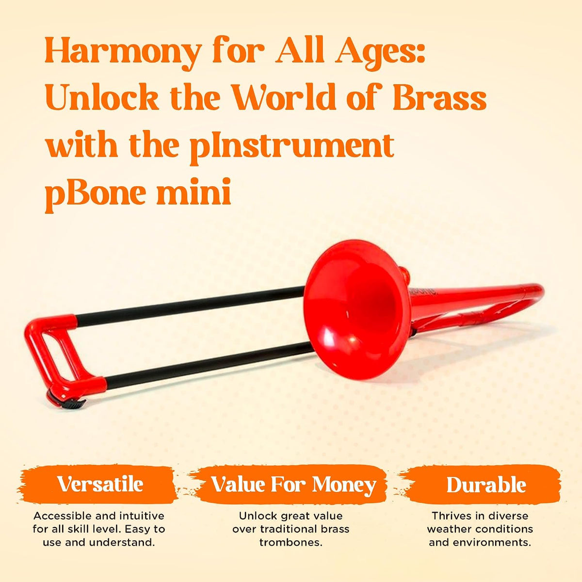 PINSTRUMENTS Plastic Kids pBone Mini Trombone - Mouthpiece & Carrying Bag- Lightweight Versatile, Comfortable Ergonomic Grip- Eb Authentic Sound for Student & Beginner- Durable ABS Construction- Red