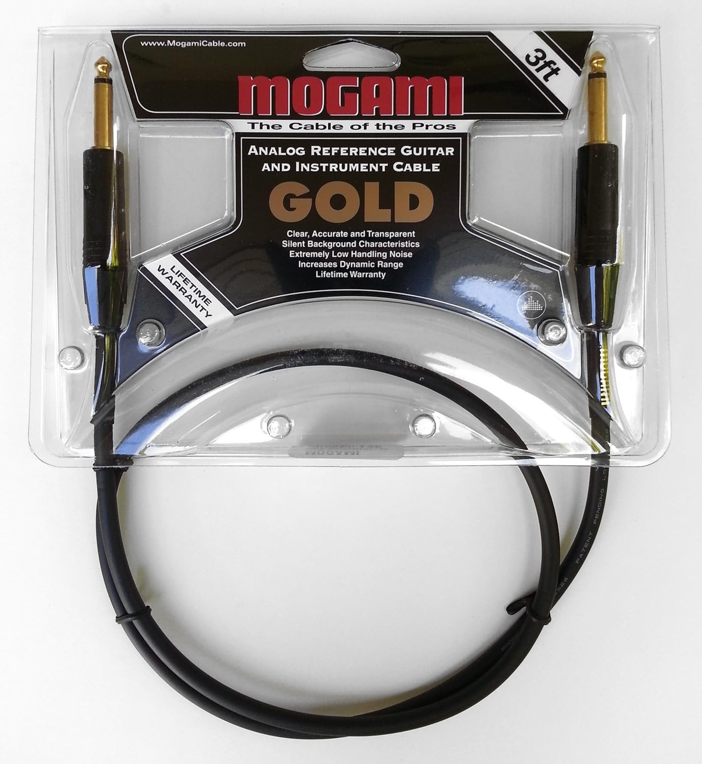 Mogami Gold INSTRUMENT-03 Guitar Instrument Cable, 1/4" TS Male Plugs, Gold Contacts, Straight Connectors, 3 Foot