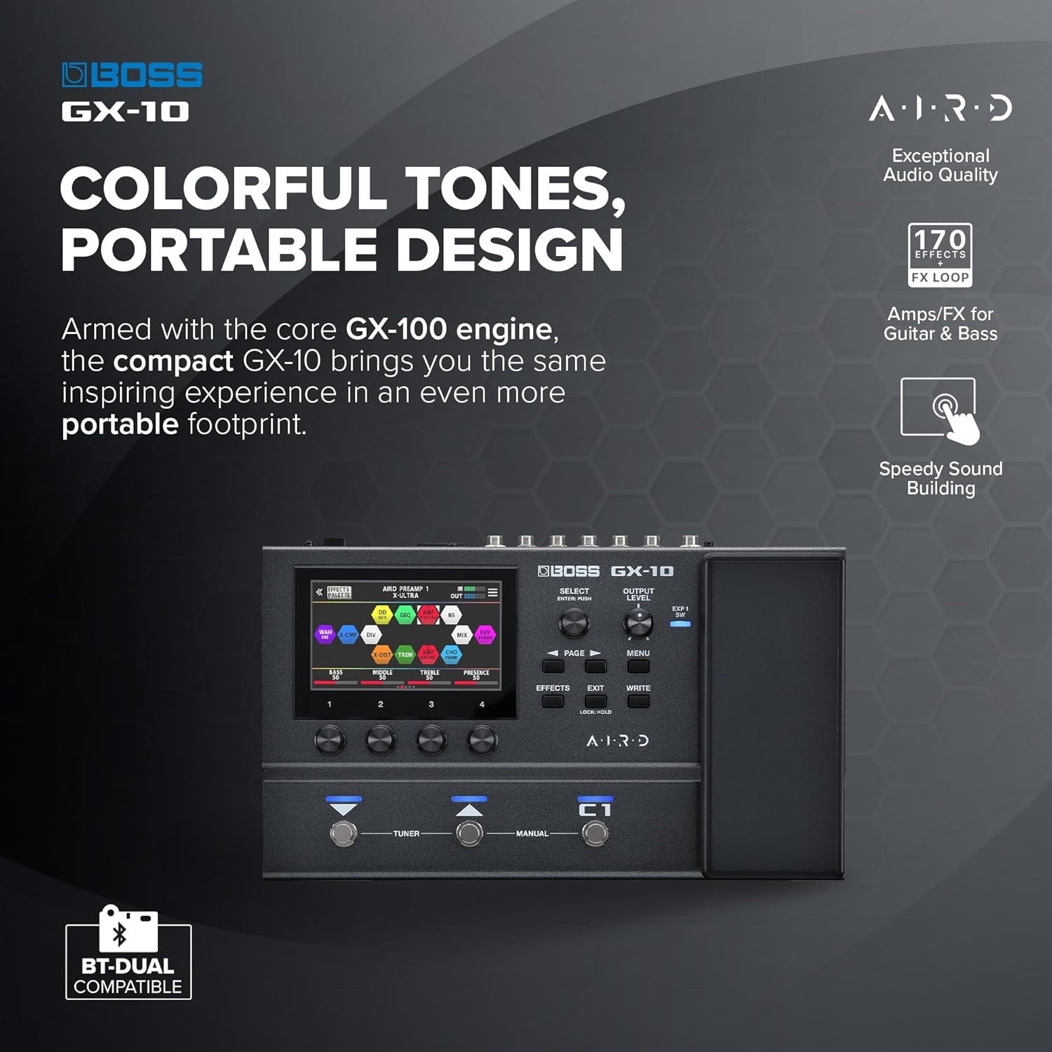 BOSS GX-10 Compact Guitar & Bass Effects Processor, GX-100 Sound Engine, Colour Touch Display, 32 Amp Types & 170 BOSS Effects Multi-mode, Footswitches & Expression Pedal, AIRD Technology