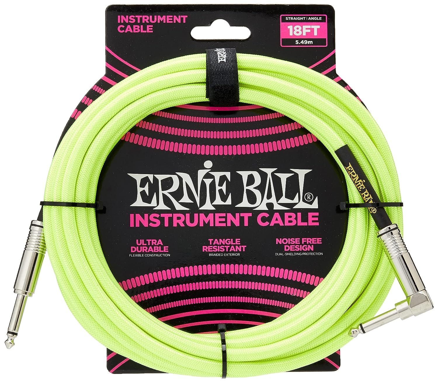 Ernie Ball Braided Instrument Cable, Straight/Angle, 18ft, Neon Yellow (P06085)