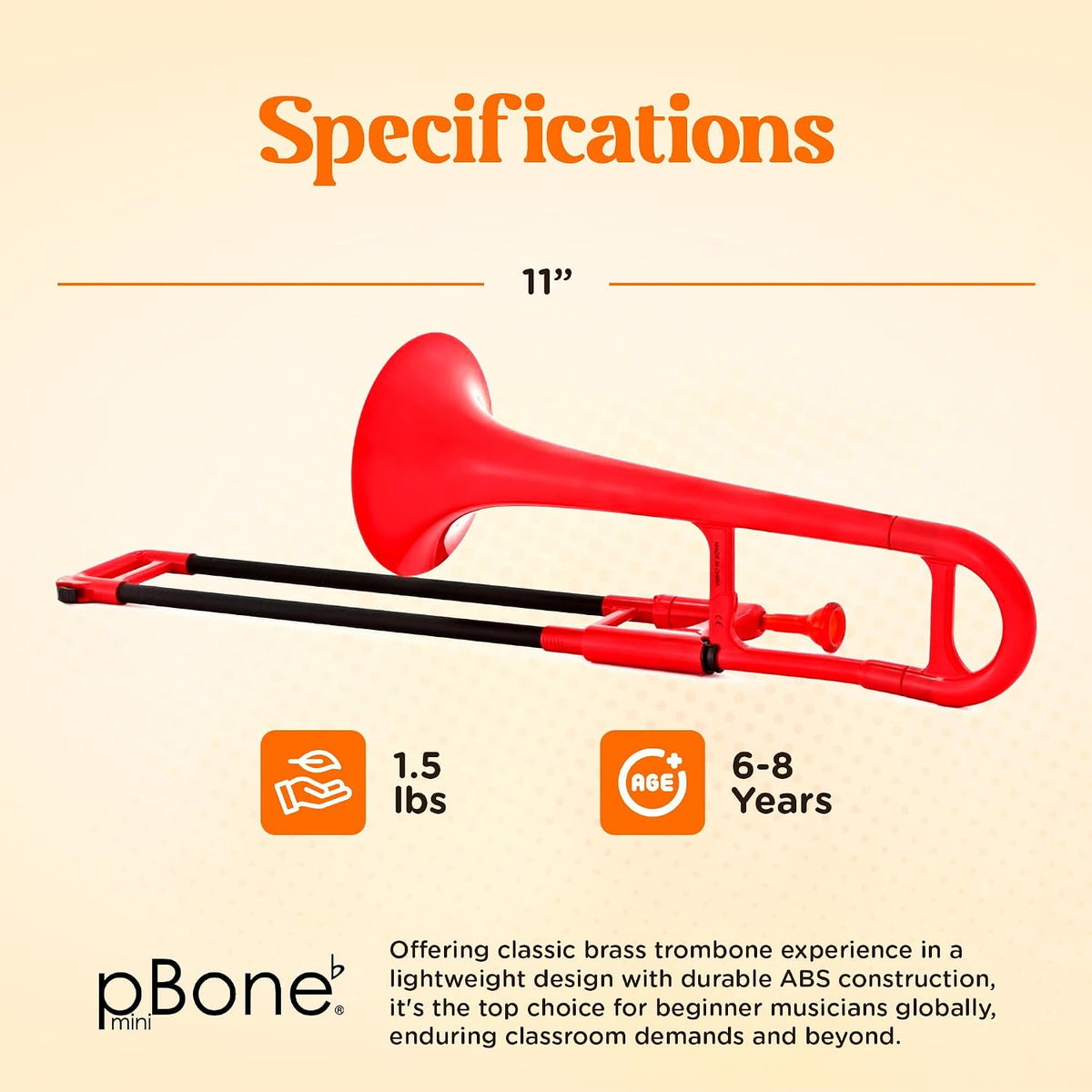 PINSTRUMENTS Plastic Kids pBone Mini Trombone - Mouthpiece & Carrying Bag- Lightweight Versatile, Comfortable Ergonomic Grip- Eb Authentic Sound for Student & Beginner- Durable ABS Construction- Red