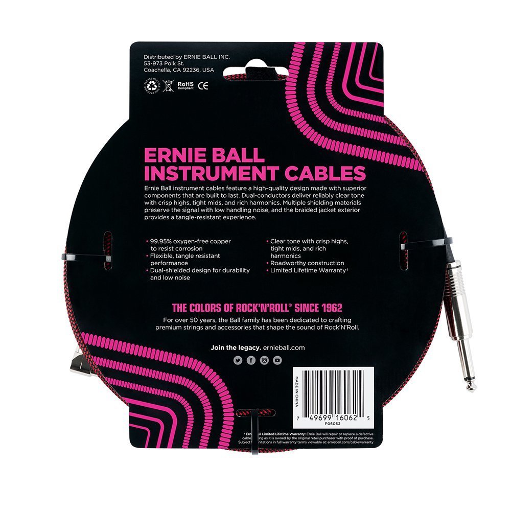 Ernie Ball Braided Instrument Cable, Straight/Angle, 25ft, Red/Black (P06062)