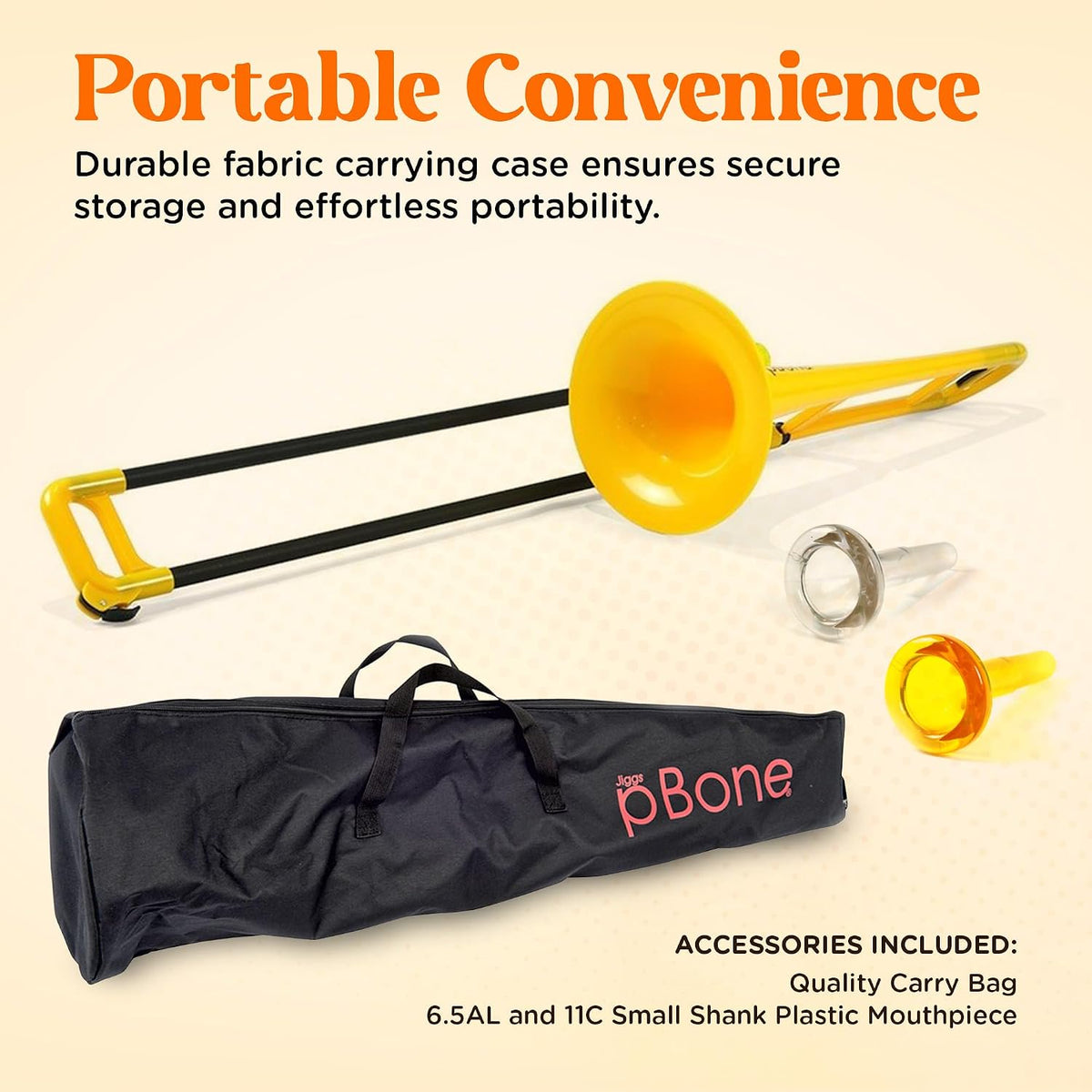 pBone Bb Plastic Trombone - Lightweight pInstruments Design with Ergonomic Grip - Includes Mouthpieces & Carrying Bag - Authentic Bb Sound for Students & Beginners - Durable ABS - Yellow