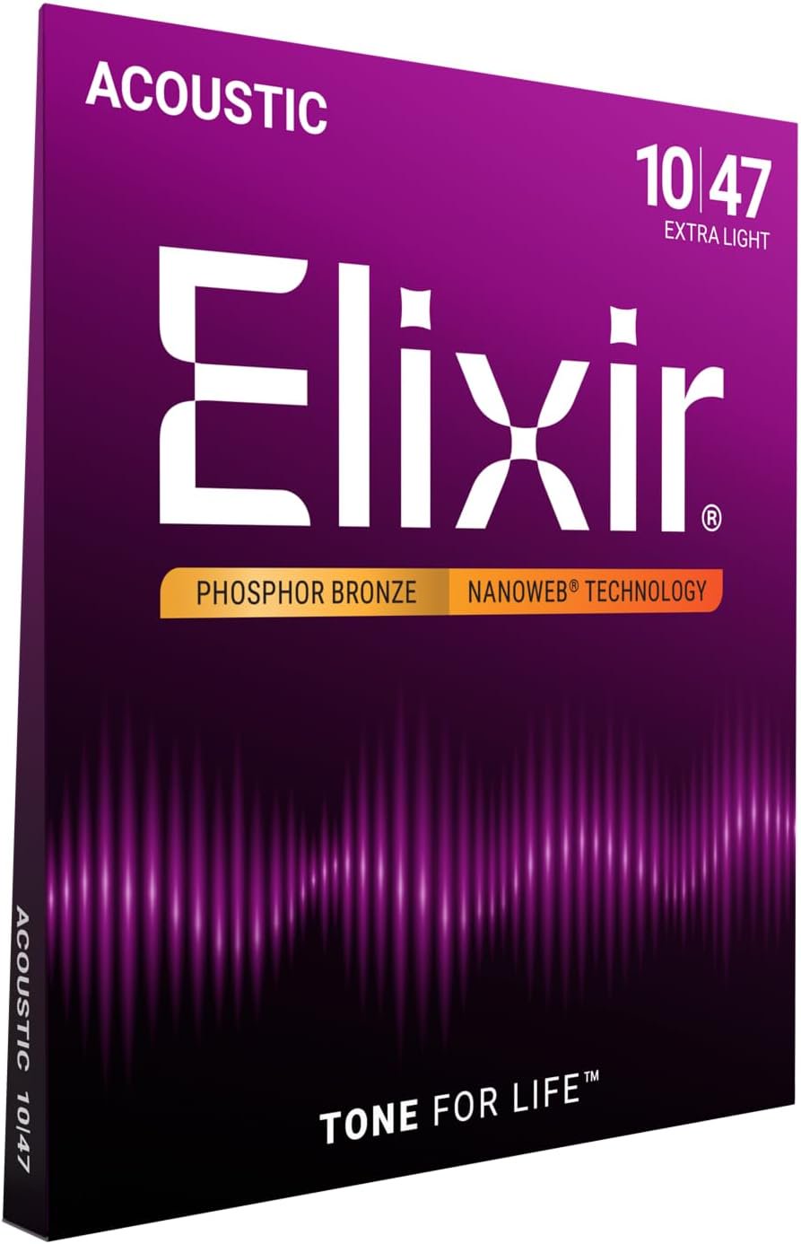 Elixir Strings, Acoustic Guitar Strings, Phosphor Bronze with NANOWEB Technology, Longest-Lasting Rich and Full Tone For Life with Comfortable Feel, 6 String Set, Extra Light 10-47