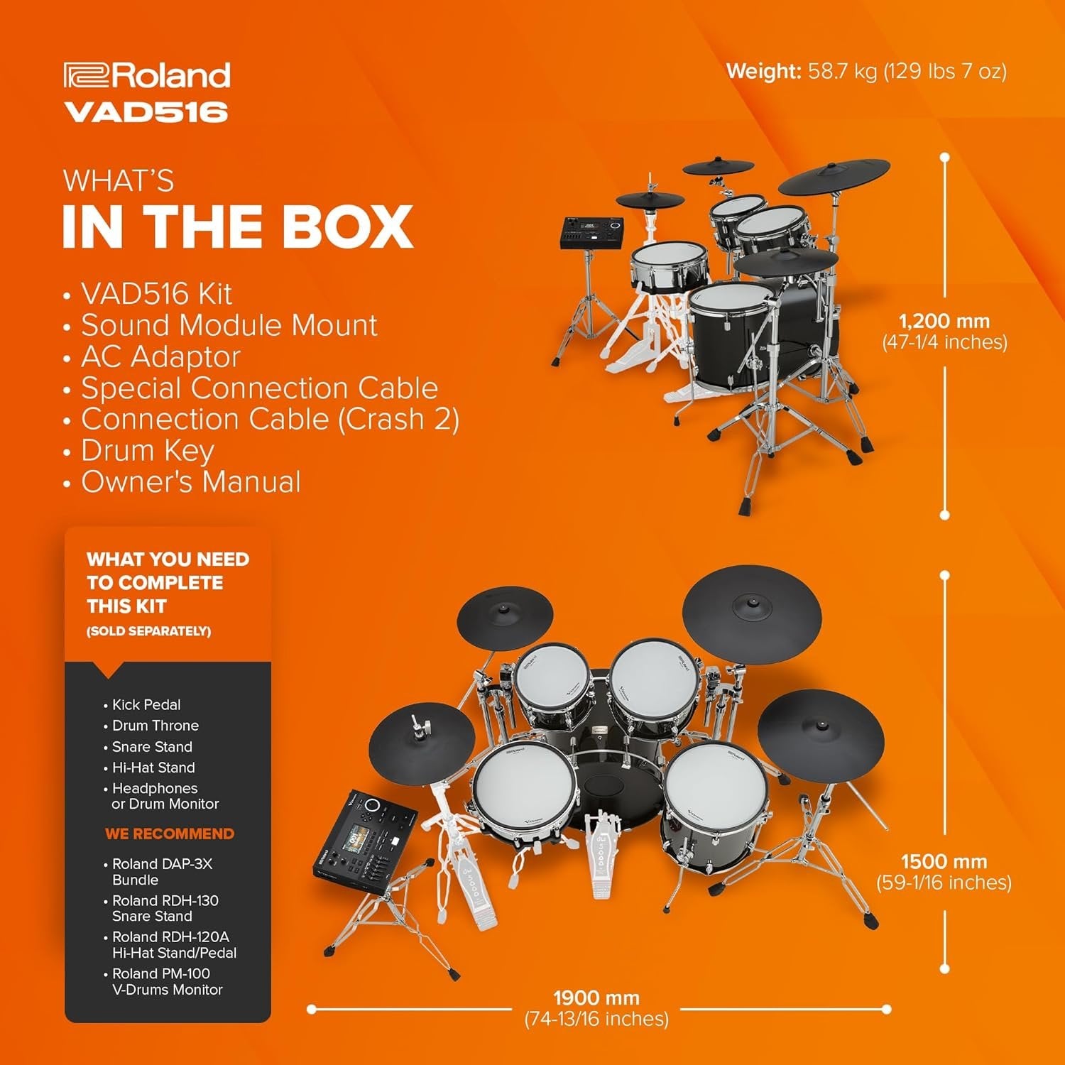 Roland VAD516 V-Drums | 5 Series Flagship V-Drum Kit | V51 Sound Module | Advanced Sound Technology Full-Depth Wood Shell Kit | Studio-Ready Connectivity | Premium Sensor Design