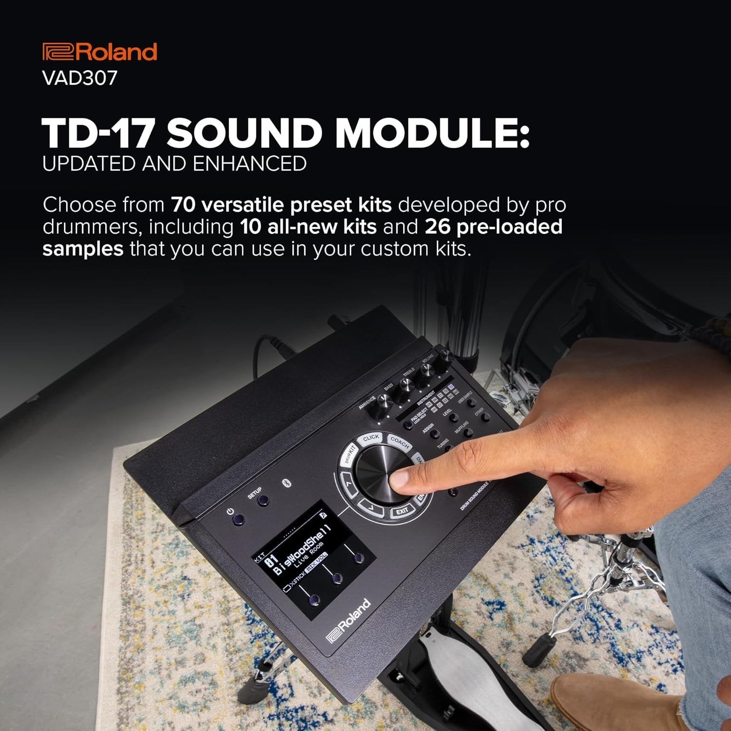 Roland VAD307 V Acoustic Design Space-Saving Drum Kit with Shallow-Depth Shells, Updated TD-17 Module, Thin Cymbals