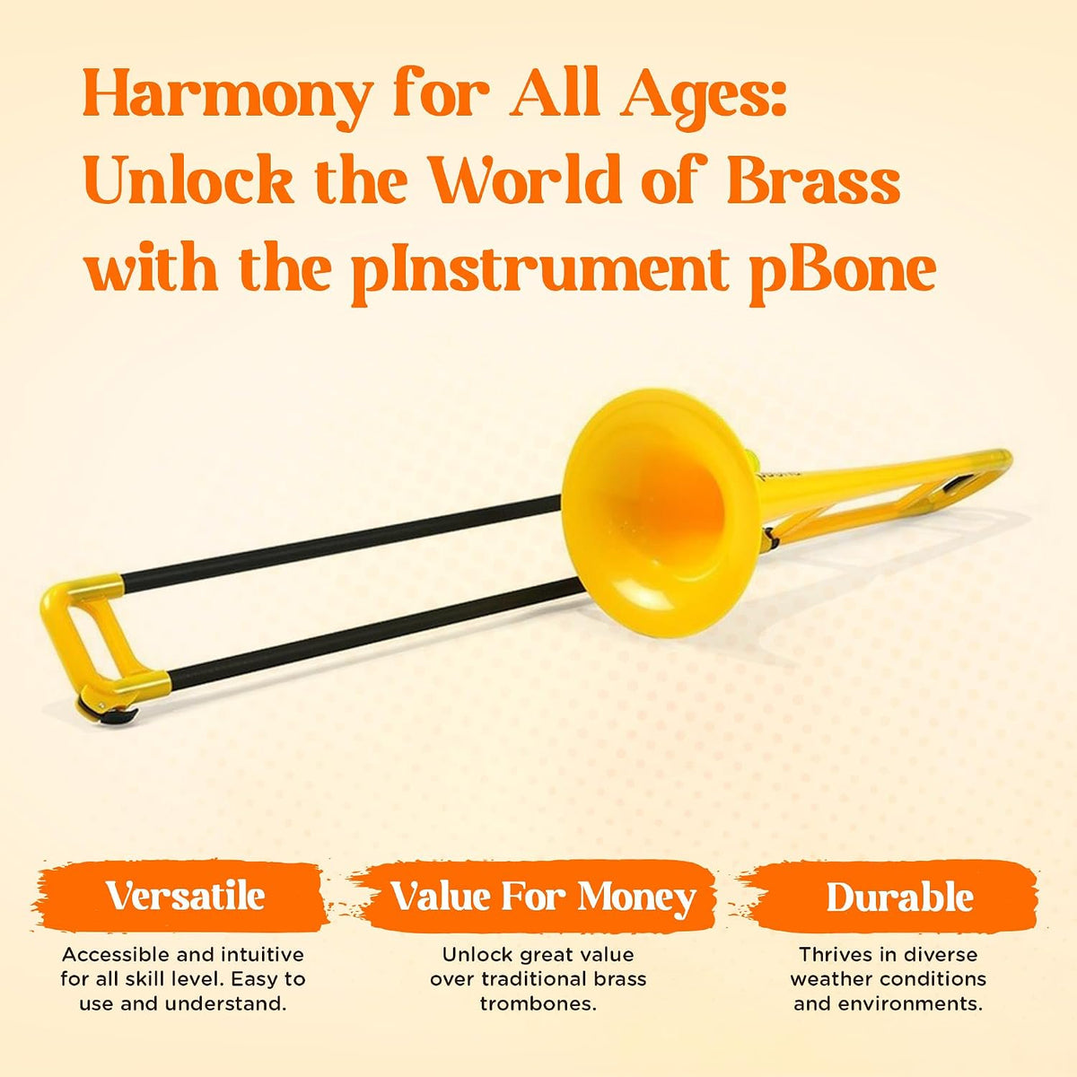 pBone Bb Plastic Trombone - Lightweight pInstruments Design with Ergonomic Grip - Includes Mouthpieces & Carrying Bag - Authentic Bb Sound for Students & Beginners - Durable ABS - Yellow
