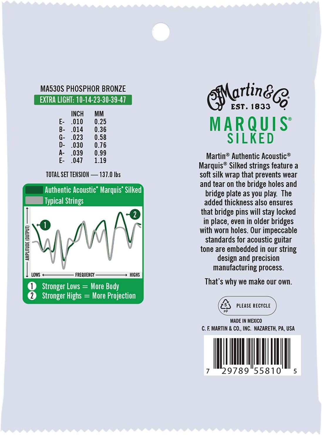 Martin Authentic Acoustic® Marquis® Silked Guitar Strings – Phosphor Bronze, Extra Light Gauge | Warm, Balanced Tone with Bridge Protection | Silk-Wrapped Ball Ends